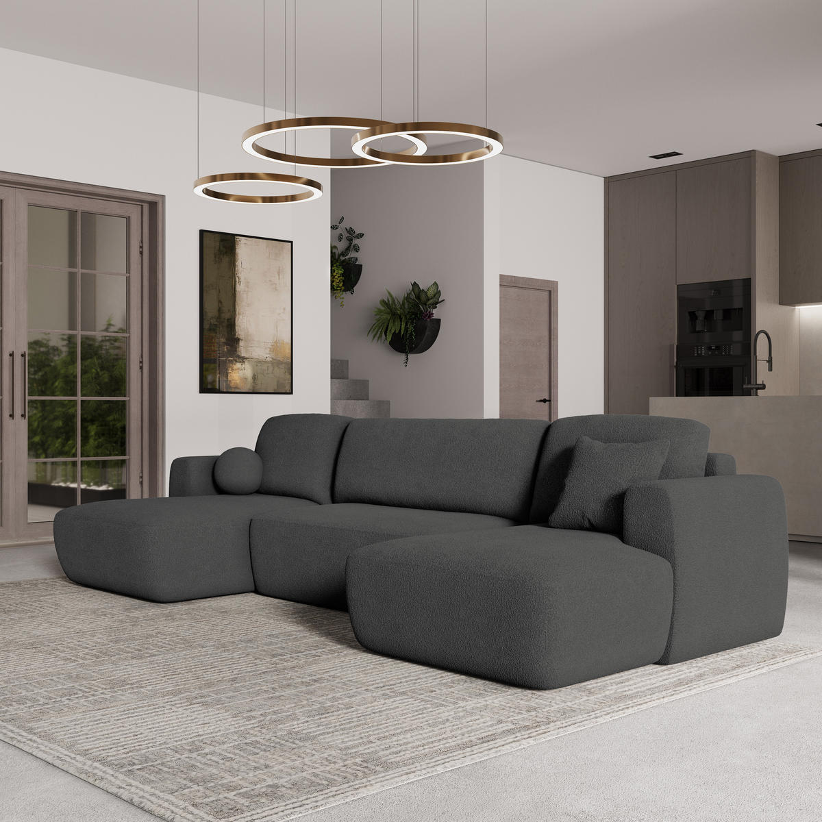 WOHNLANDSCHAFT SENTUM N Grau Boucle-Stoff mit Schlaffunktion - Grau, Holz (330/90/148cm) - MASSENO