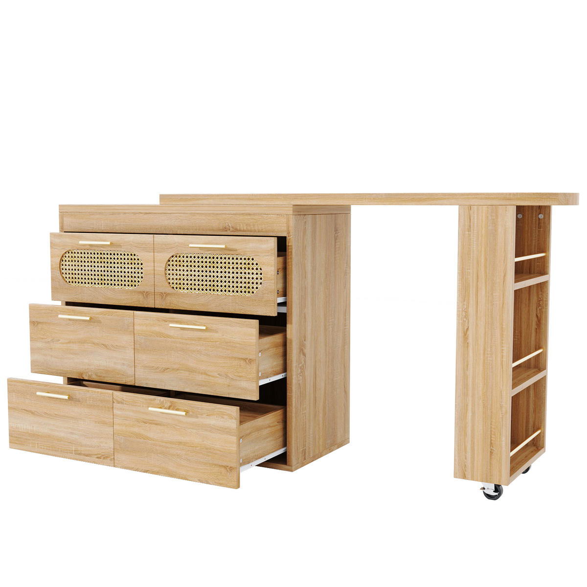 BARTISCH 128-203/39/90 cm in Natur mit 360° Drehfunktion & 6 Schubladen - Naturfarben, Holzwerkstoff (39/203/90cm) - BEAOK