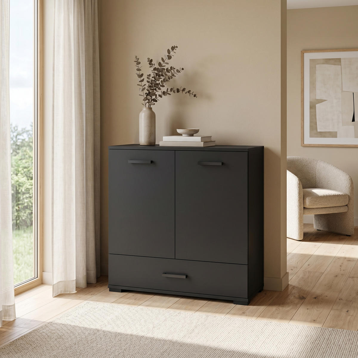 KOMMODE ALBANO 90/83/40cm mit 1 Schubladen 2 Türen Schwarz - Schwarz, Holzwerkstoff (90/83/40cm) - MASSENO