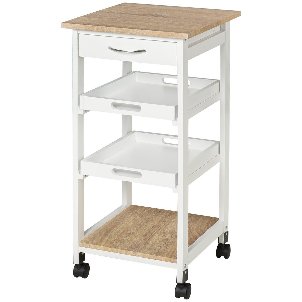 KÜCHENWAGEN, Küchenwagen mit 2 abnehmbaren Tabletts, Schublade und Ablage, Eichen- und Kiefernholz - Multicolor, Metall (37/76/37cm) - FORIOUS