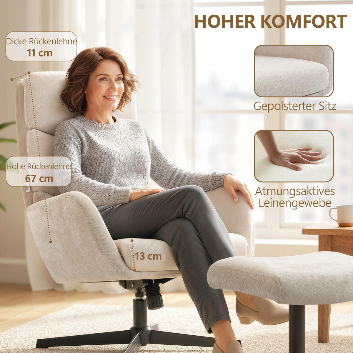 RELAXSESSEL mit Hocker, Fernsehsessel mit hoher Rückenlehne Wippfunktion Beige - Beige/Schwarz, Textil/Metall (66/99/75cm) - HOMCOM