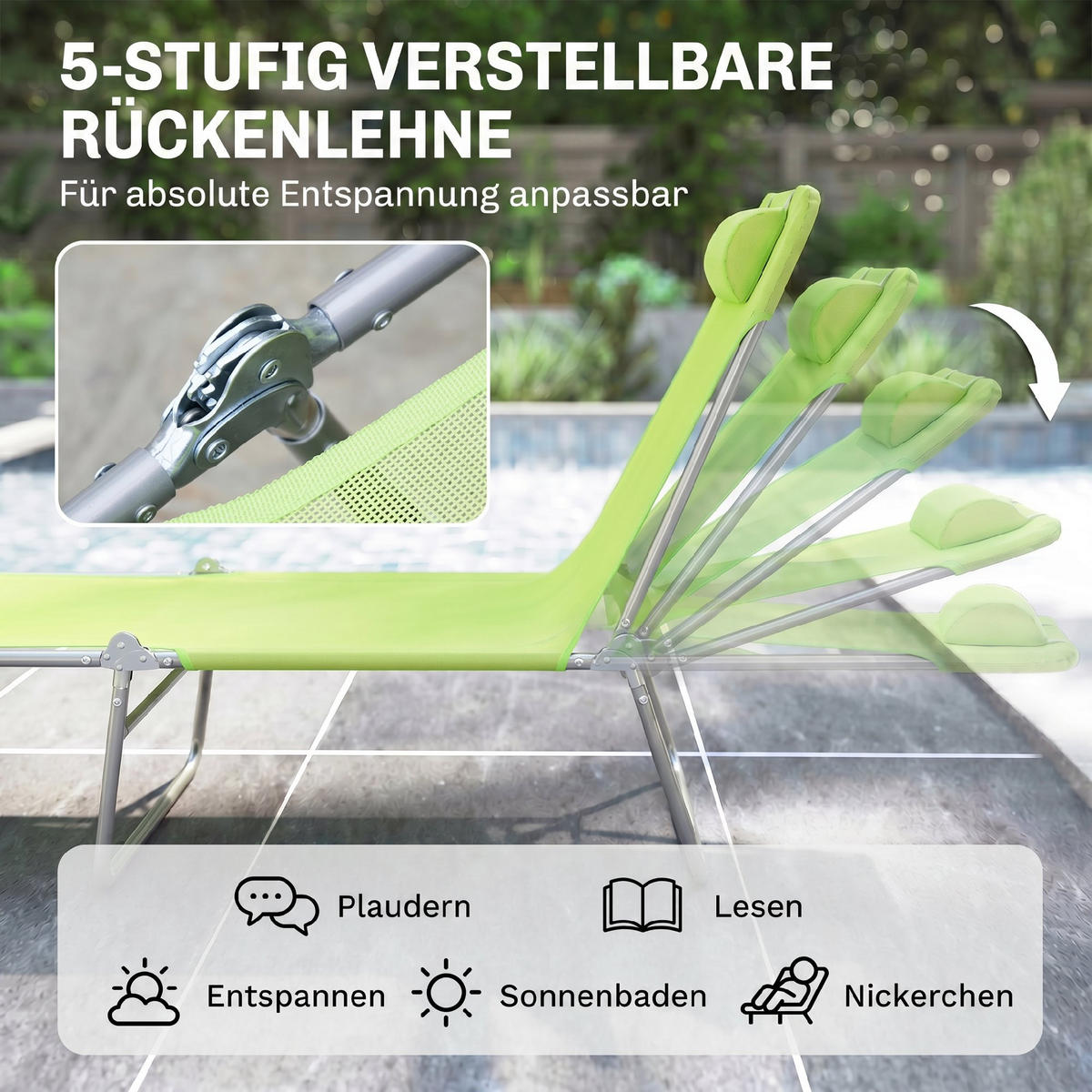 SONNENLIEGE klappbar verstellbar Gartenliege mit Kopfkissen Campingliege 120kg Grün - Grün, Metall (182/28/56cm)