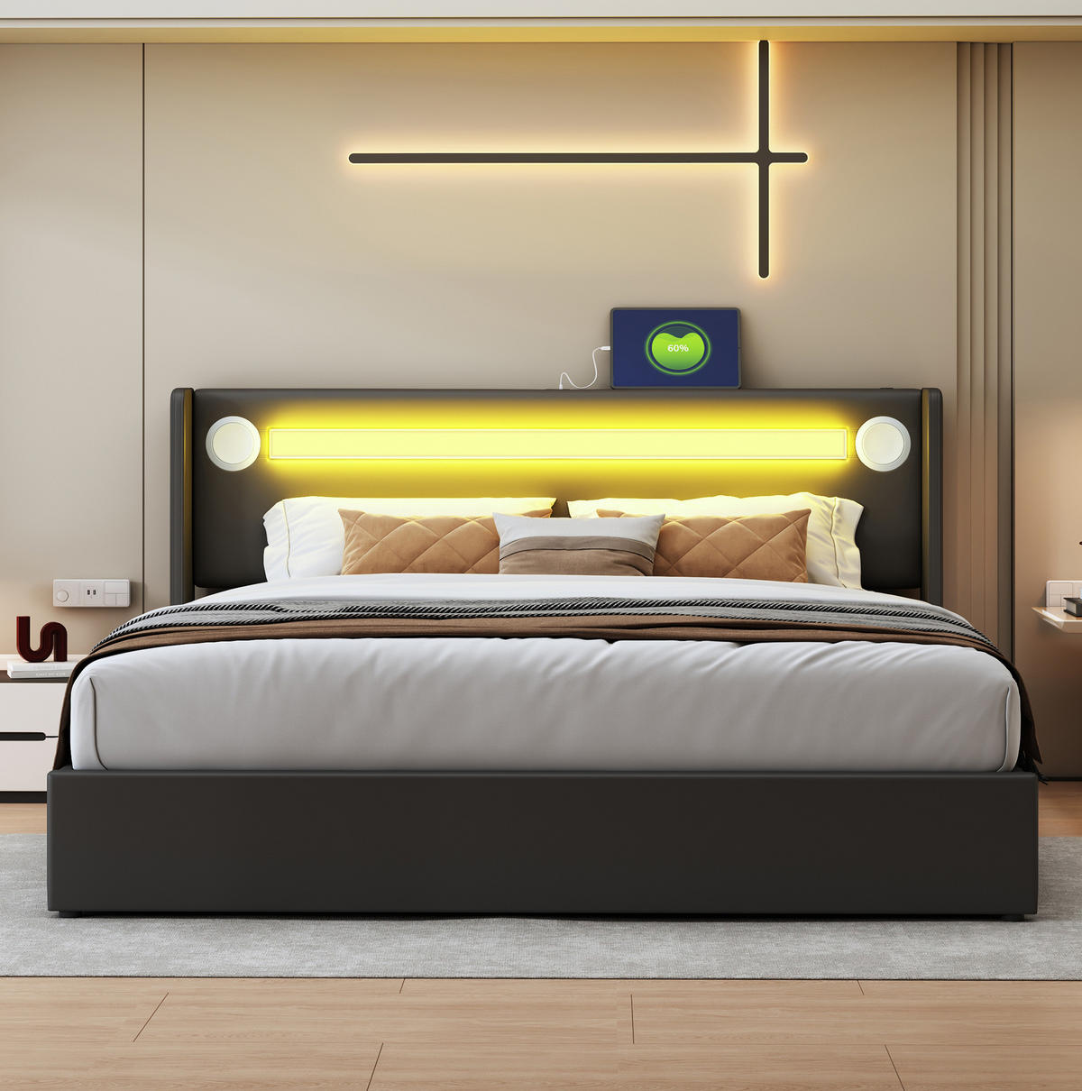 ČALÚNENÁ posteľ 160/200 cm s LED osvetlením, Bluetooth prehrávačom a USB nabíjaním, úložný priestor, Čierna - čierna, plast (160/200cm) - Redom