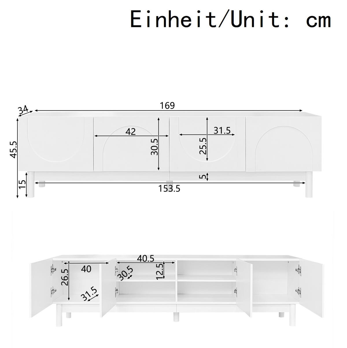TV ormarić 169/34/45,5 cm bijeli od MDF-a i iverala s 4 vrata i policama - bijela, drvni materijal (169/45.5/35cm) - OKWISH