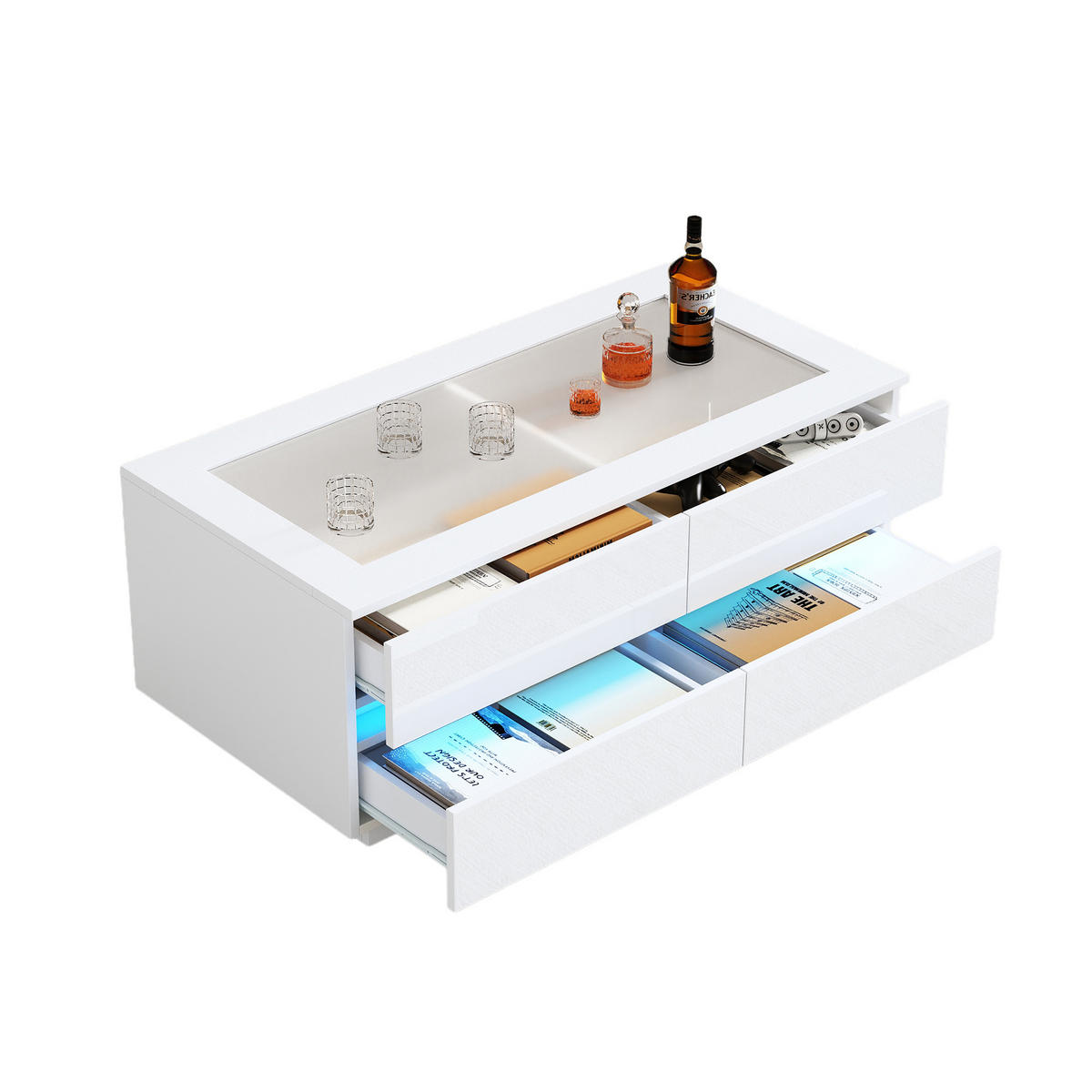 COUCHTISCH mit LED und 4 Schubladen Weiß 100/50/40 cm - Weiß, Holzwerkstoff (100/50/40cm)