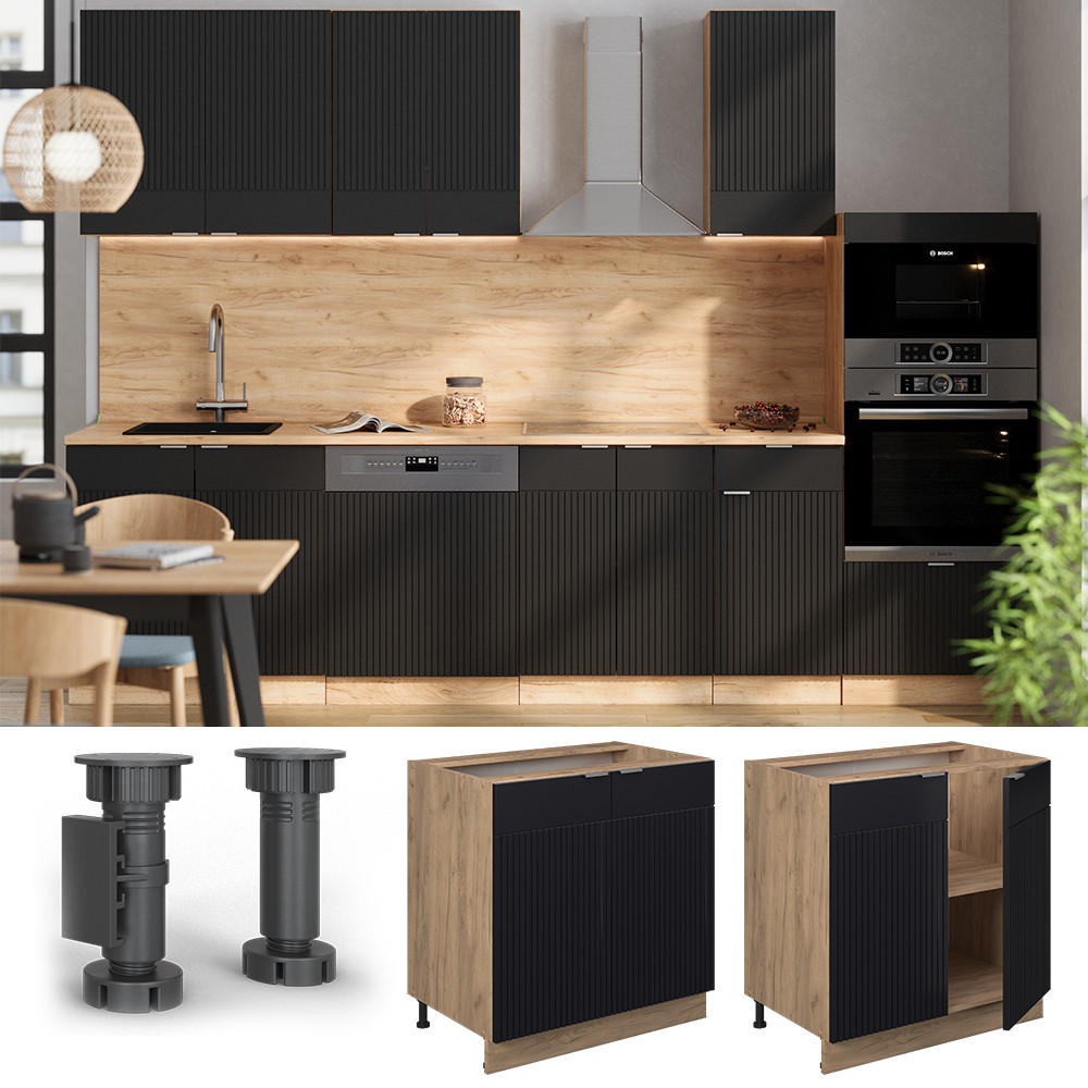 SPÜLENUNTERSCHRANK Fame-Line, Schwarz gestreift, 80 cm mit Regal, AP Marmor - Eiche Wotan/Schwarz, Holzwerkstoff (80/82/60cm) - Vicco