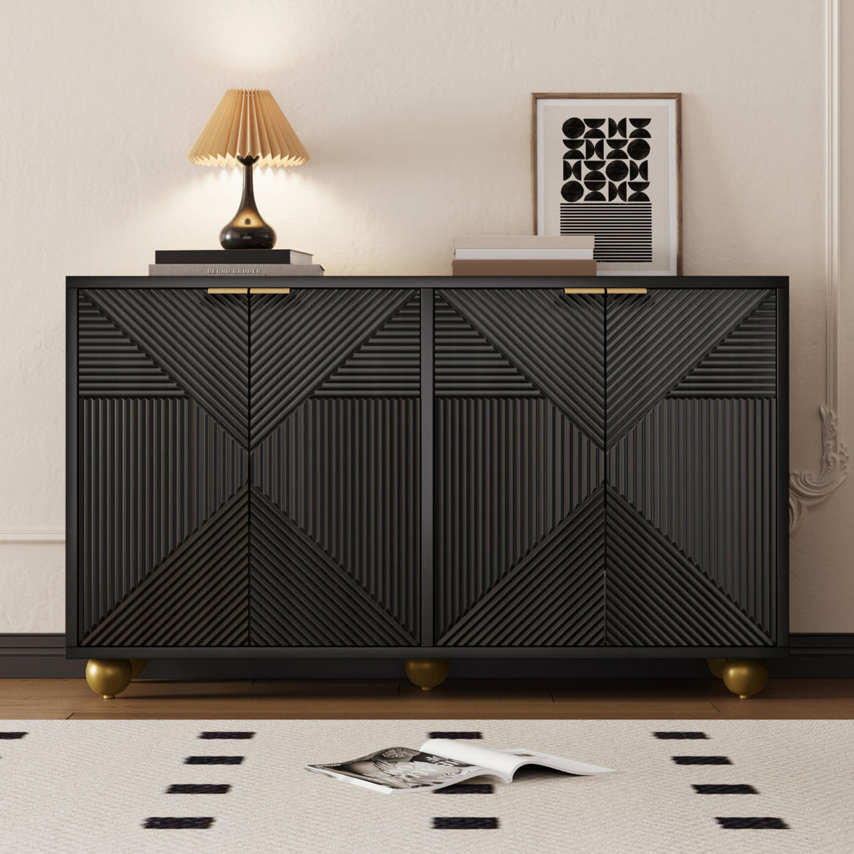 SIDEBOARD 120/35/71,5 cm mit 4 Türen, verstellbaren Innenböden und gravierten Fronten, Schwarz - Schwarz, Holzwerkstoff (120/71.5/35cm) - Redom
