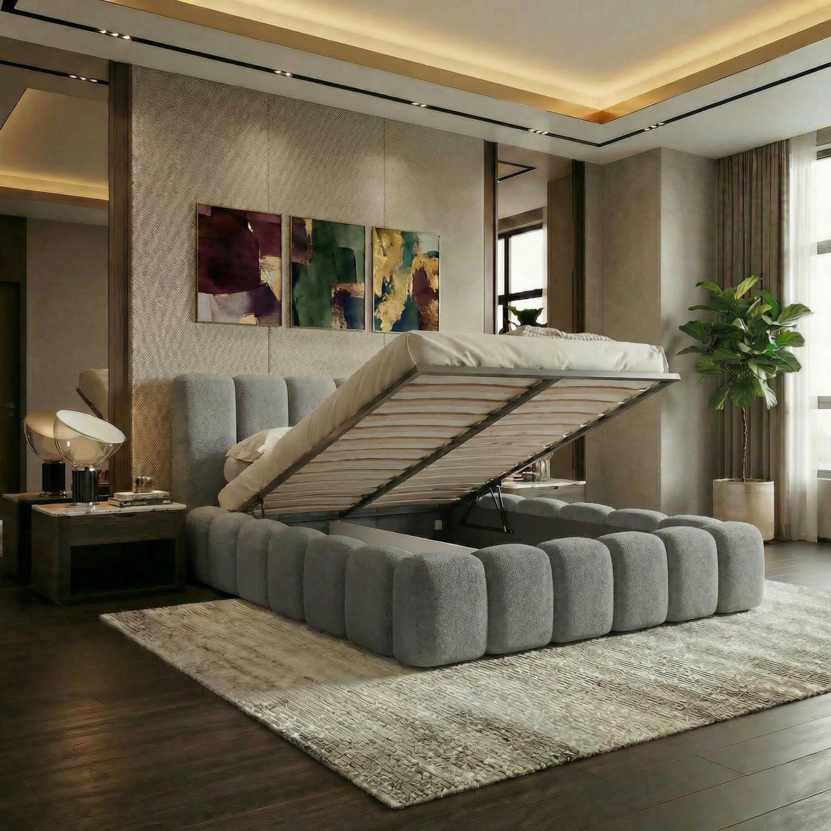 POLSTERBETT VELORA 200x200cm mit Bettkasten & Metallgestell - Bouclé Stoff GRAU GERRA - Grau, Textil (200/200cm) - Luxkor24