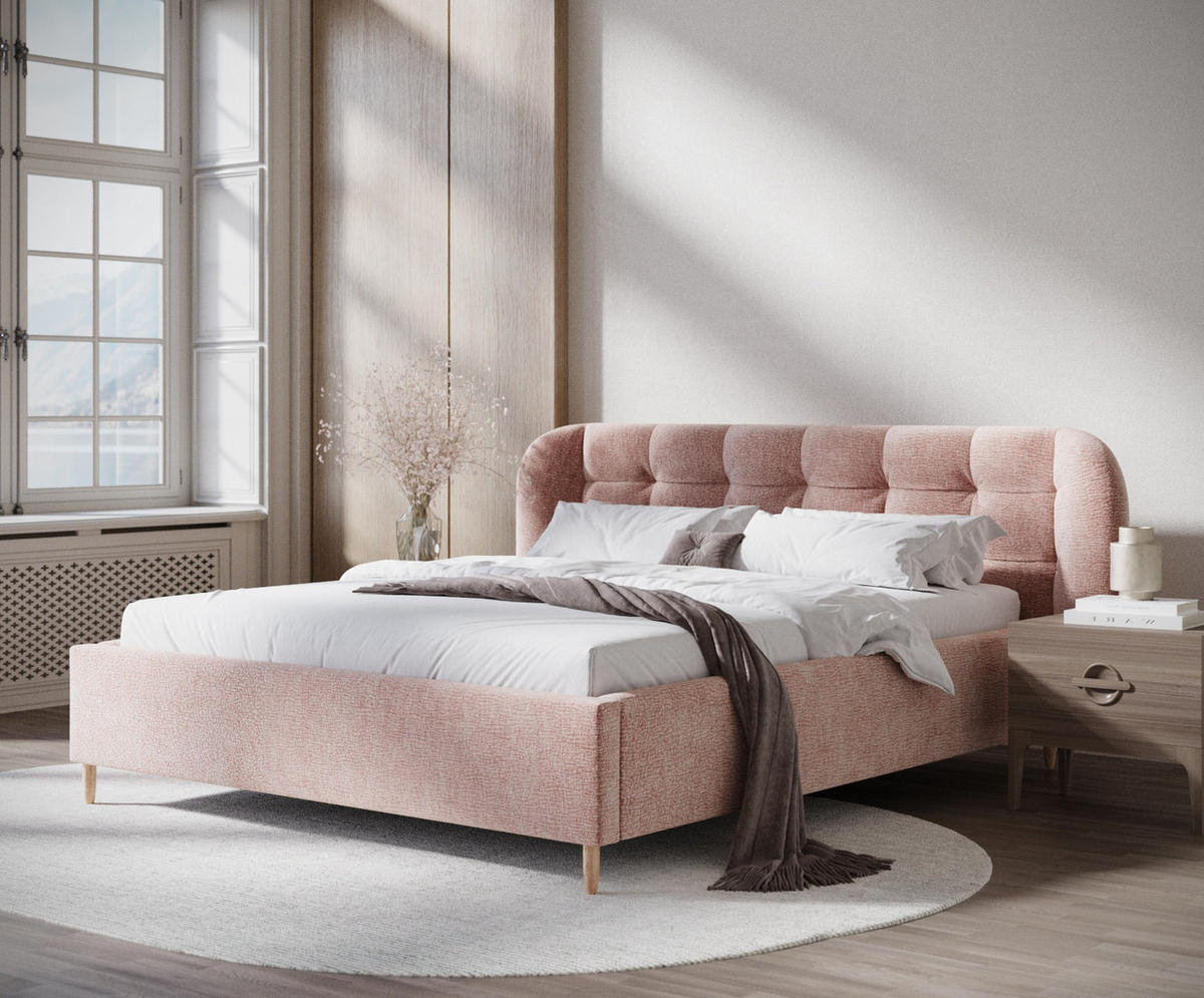 POLSTERBETT Nuno Rosa 140/200 cm im Chenille-Stoff - Pink/Naturfarben, Holz/Holzwerkstoff (140/200cm) - Maison de Reve