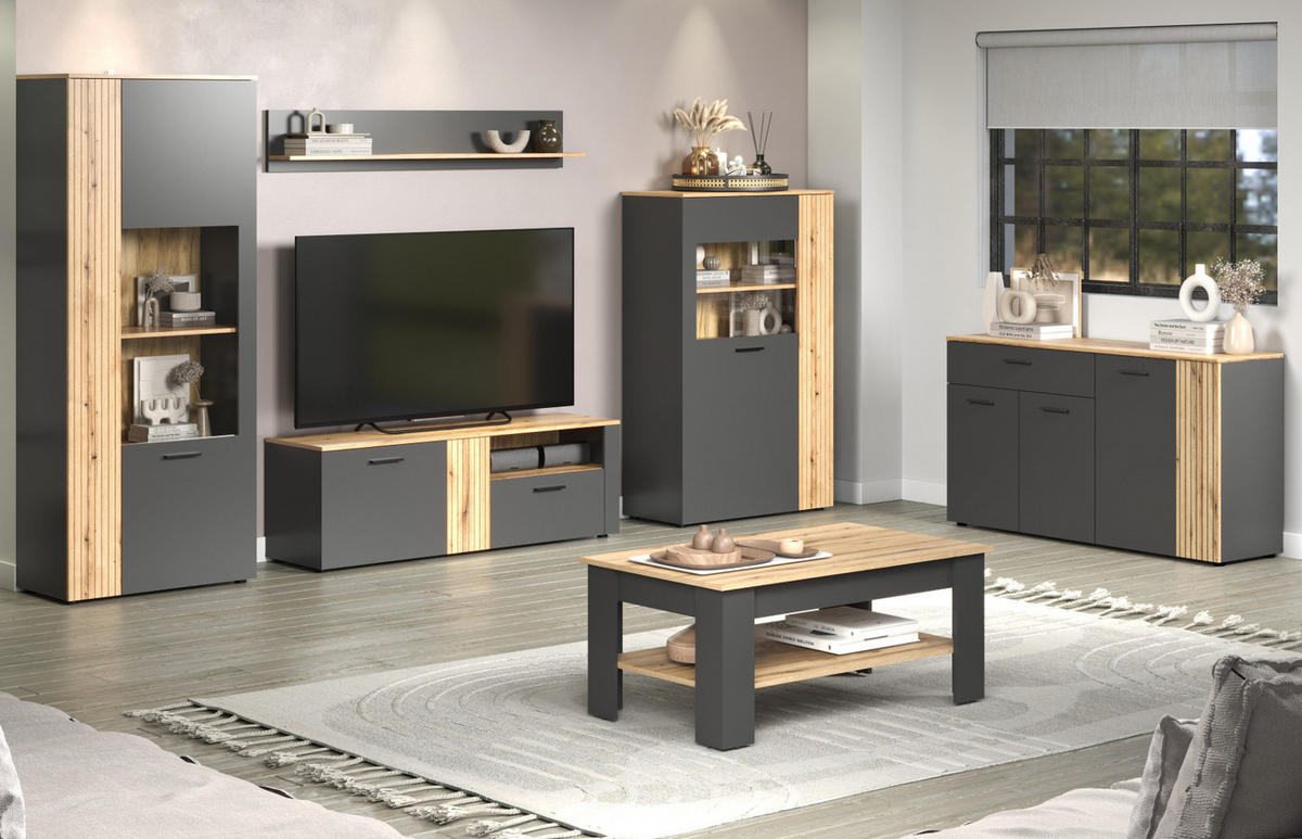 SIDEBOARD grau, Evoke Eiche 150 cm, Kommode 4-türig - Eichefarben/Schwarz, Holzwerkstoff/Kunststoff (150/83/32cm) - Top.Furn