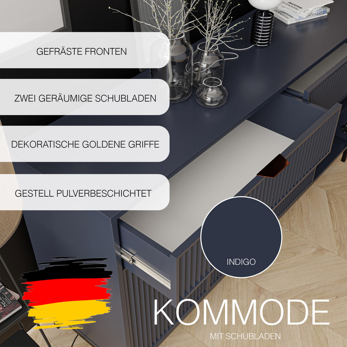 KOMMODE WAVE 165/40/86 cm Indigo - Schwarz/Dunkelblau, Holzwerkstoff/Metall (165.3/86/40.6cm) - Idohome