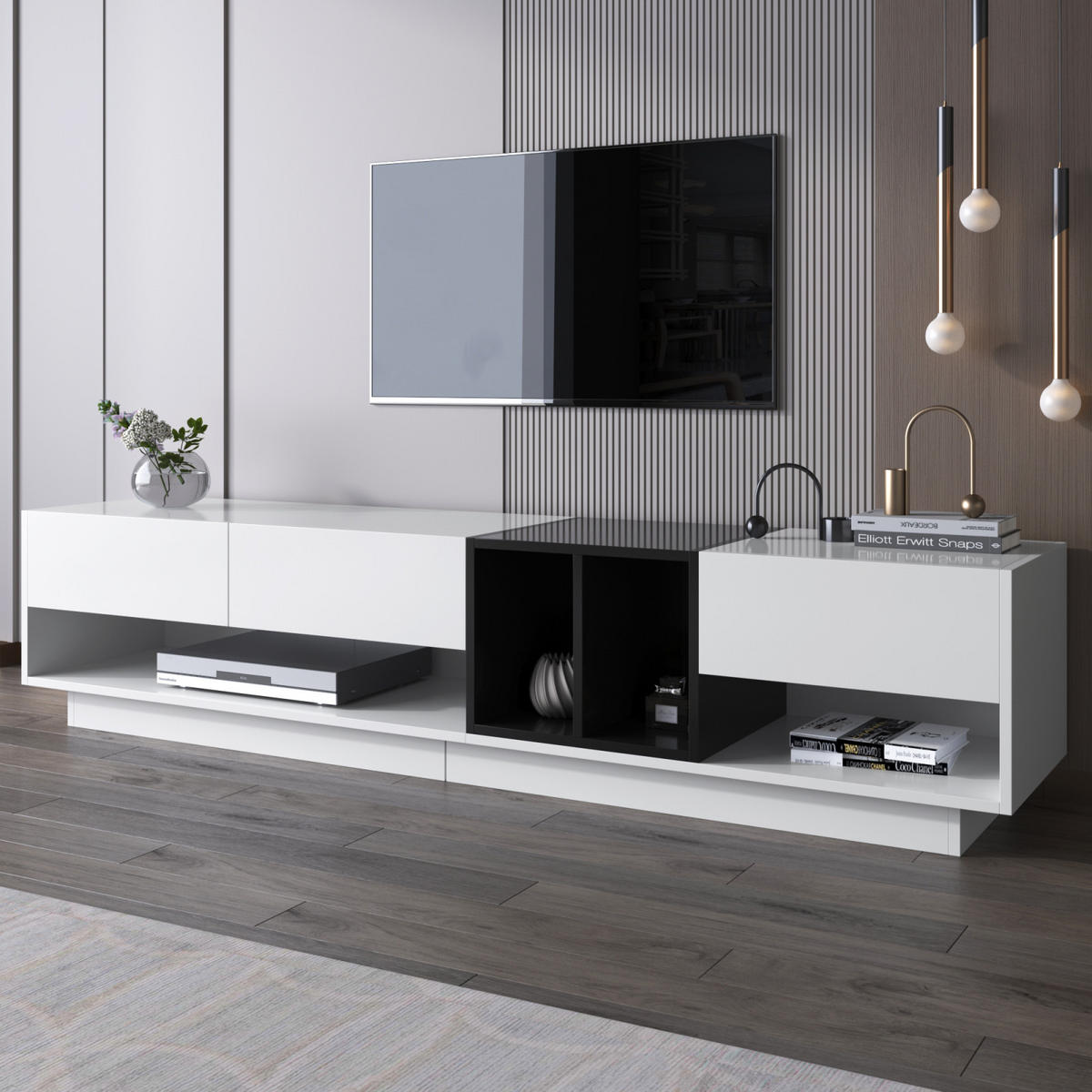 TV Lowboard 190x40x34 cm, 3 Schubladen, Weiß Schwarz - Weiß, Glas (190/34/40cm)