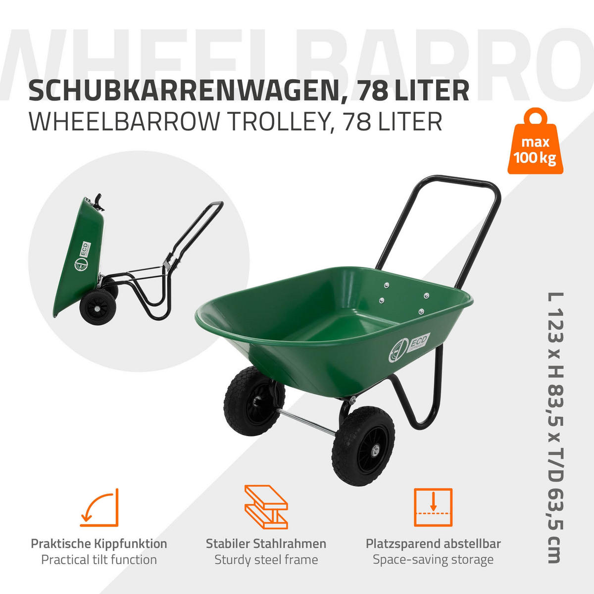 KOLÍSKOVÝ VOZÍK 78 L s funkcí sklápění, ocelový rám, 2x PU kola a PP vana - zelená barva, kov (63.5/83.5/123cm) - ECD-Germany