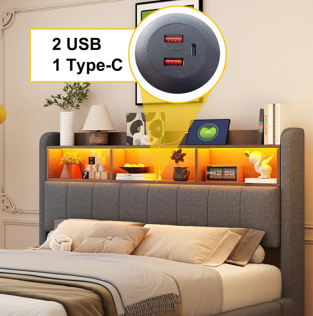 POLSTERBETT 160/200 cm grau aus Stoff mit LED-Beleuchtung - Grau, Textil (160/200cm) - OKMYHOME