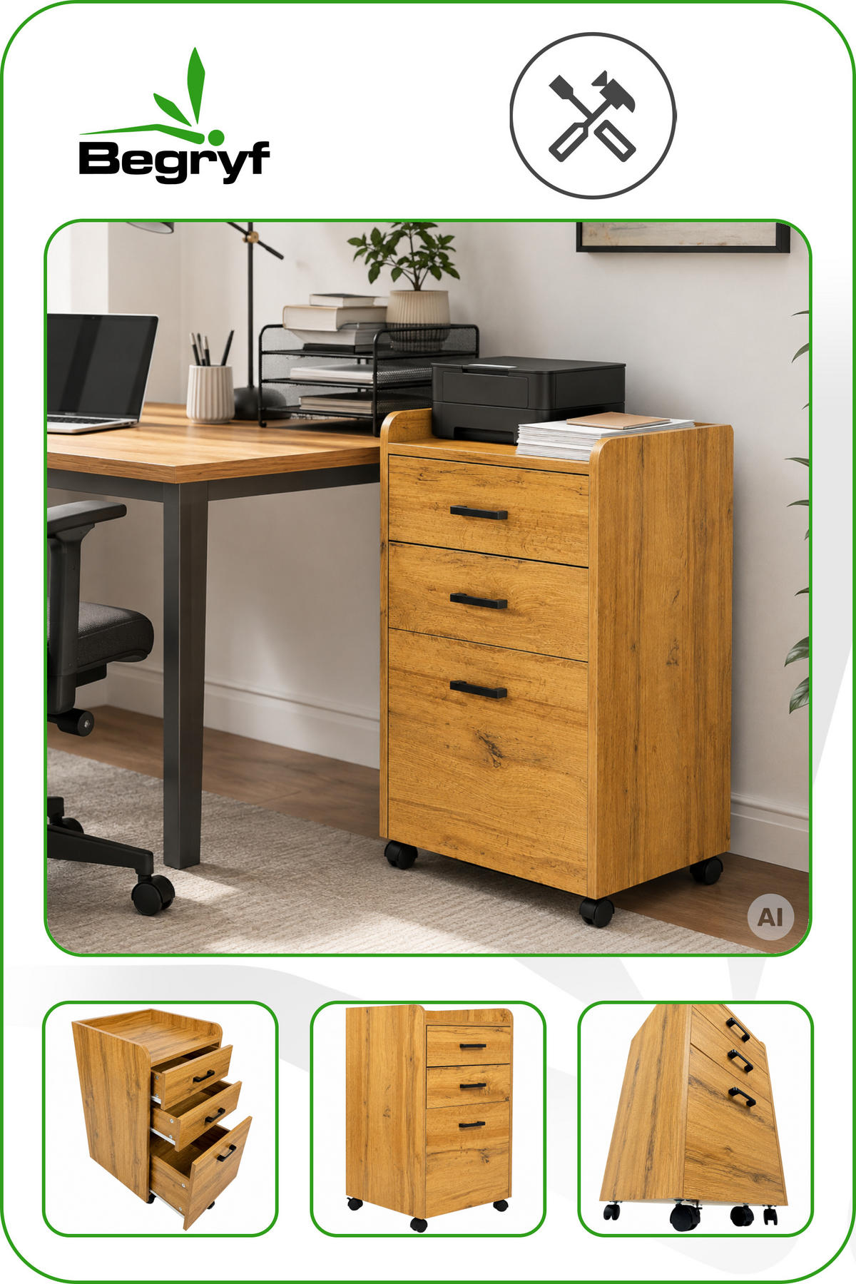 ROLLCONTAINER Holzwerkstoff Eiche Büroschrank 40 x 42 x 72 cm 3 Schubladen auf Rollen - Eichefarben/Schwarz, Holzwerkstoff (42/72/40cm) - Begryf