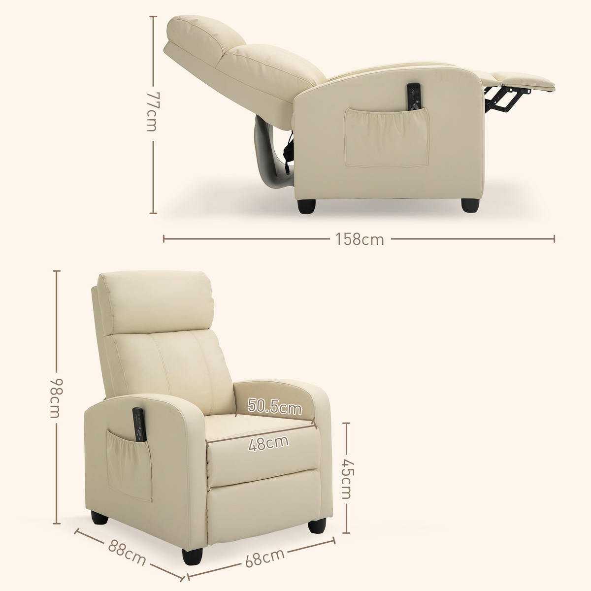 MASSAGESESSEL, Entspannend, Fernbedienung, 8 Programme, verstellbare Lehne, 68x88x98cm, Creme - Multicolor, Holzwerkstoff (68/98/88cm) - FORIOUS