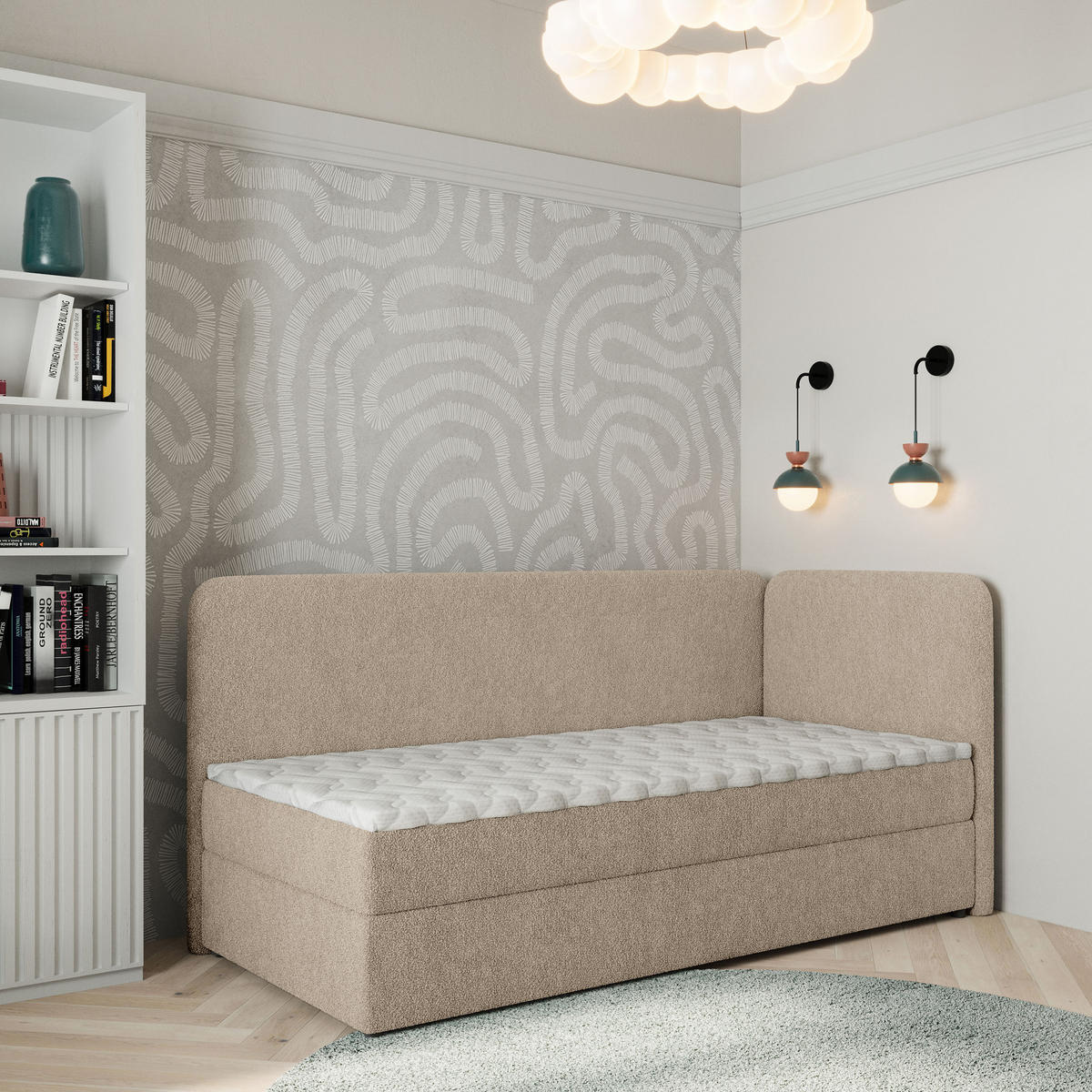 BOXBETT GINA 90x200 cm mit Matratze und Topper, H2+H3 - Beige - Beige, Holz (90/200cm) - MASSENO