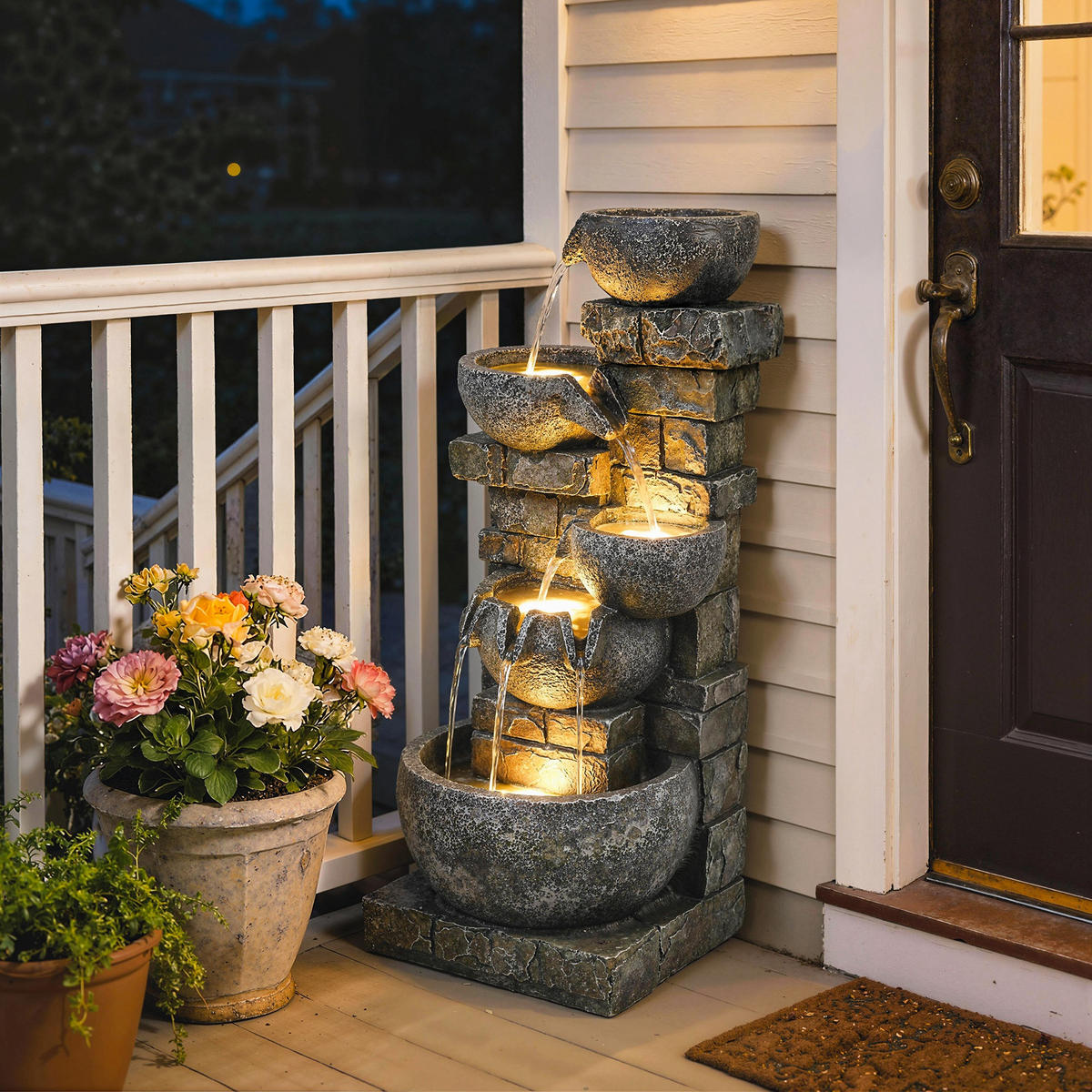 SPRINGBRUNNEN DE-10245 5-stufig mit LED Steinoptik - Grau, Kunststoff (36/34/80cm) - ComfortXL