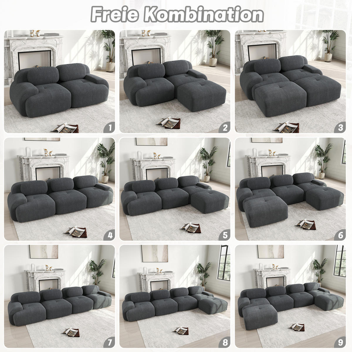 ECKSOFA modular, rahmenlos mit ergonomischen Armlehnen und rutschfester Unterseite, Grau - Grau, Textil (298/103cm) - Redom