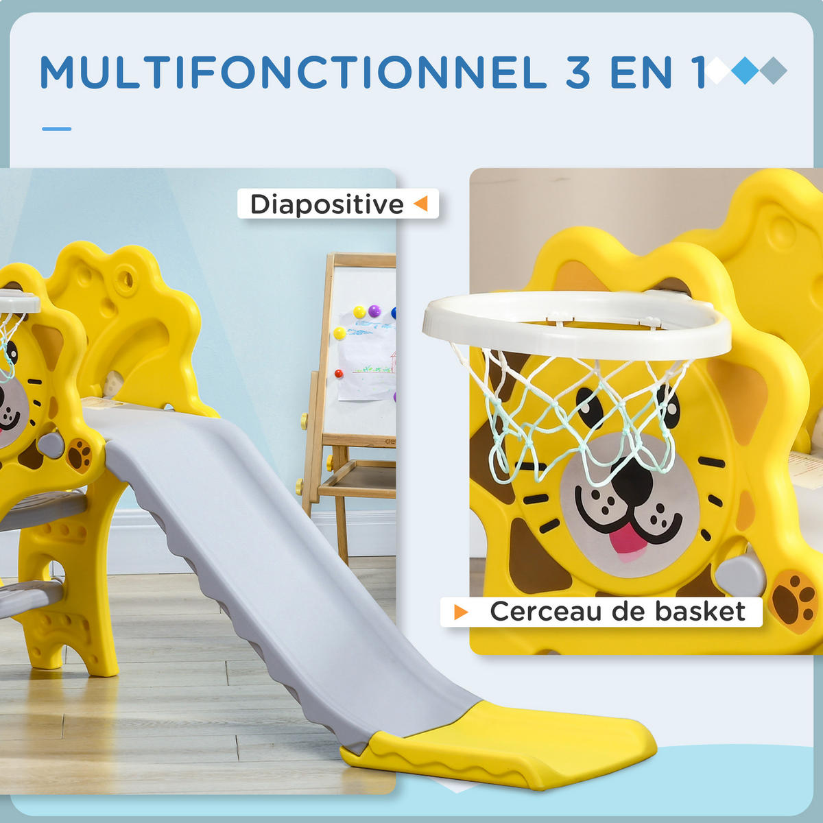 KINDERRUTSCHE DE-17969 3-in-1 mit Basketballkorb, für 18-36 Monate Gelb/Grau - Gelb, Kunststoff (127/187.96/332.74cm) - ComfortXL