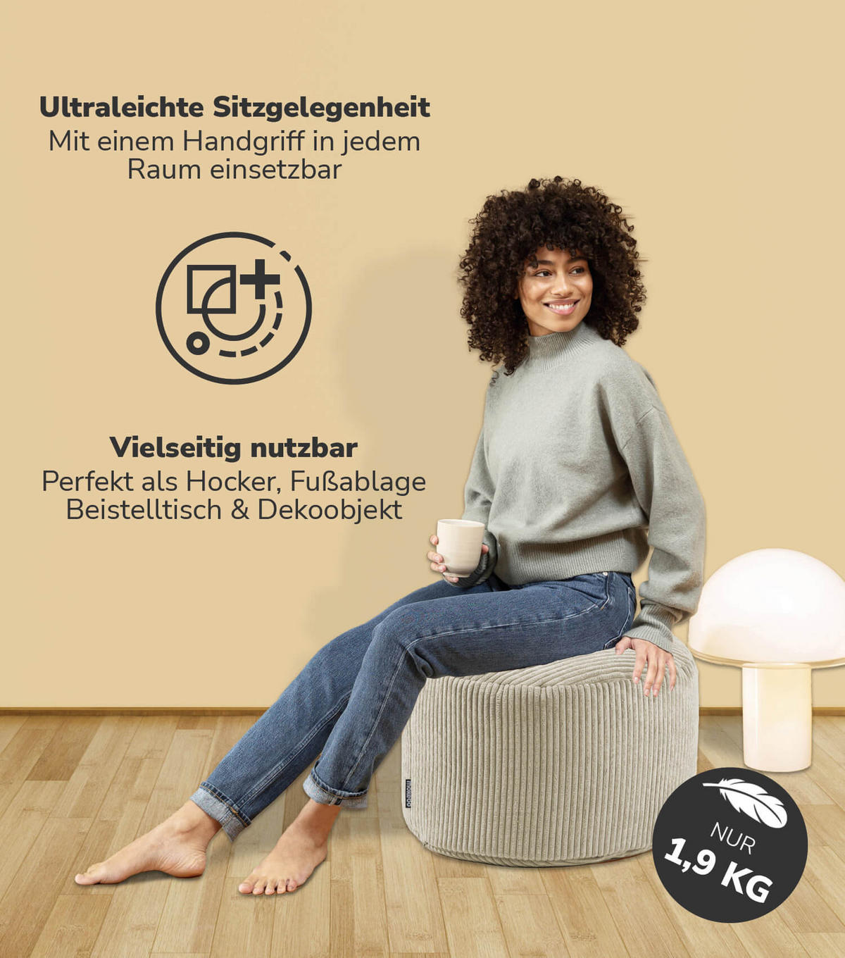 POUF Cord Der Faule Lenz - Beige, Textil (60/40/60cm) - Mokebo