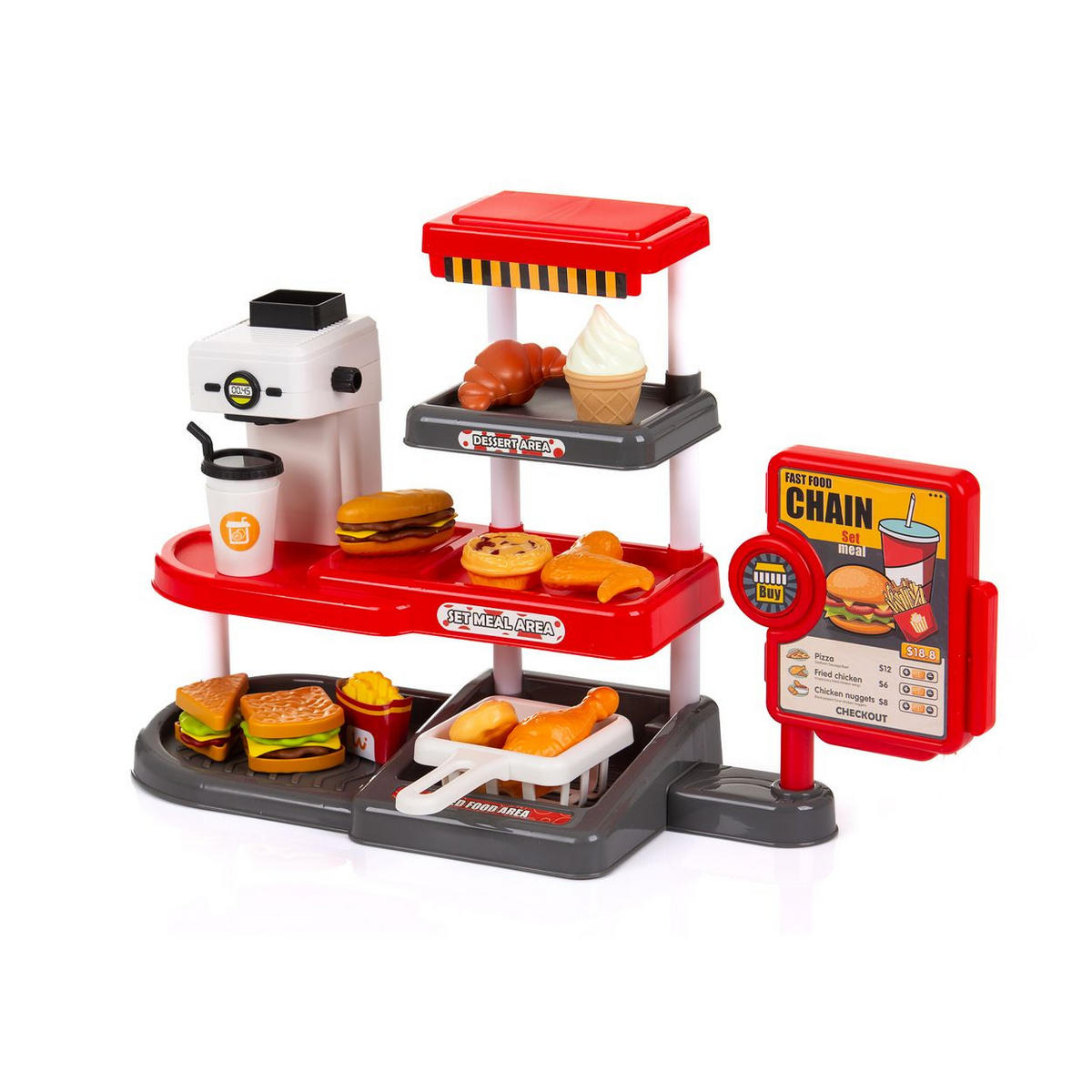 KAUFLADEN Schnellrestaurant 71-teilig rot Schnellrestaurant, Burger, Pommes, Getränkeautomat, Tabletts - Rot, Kunststoff (15/26/40cm) - Chipolino