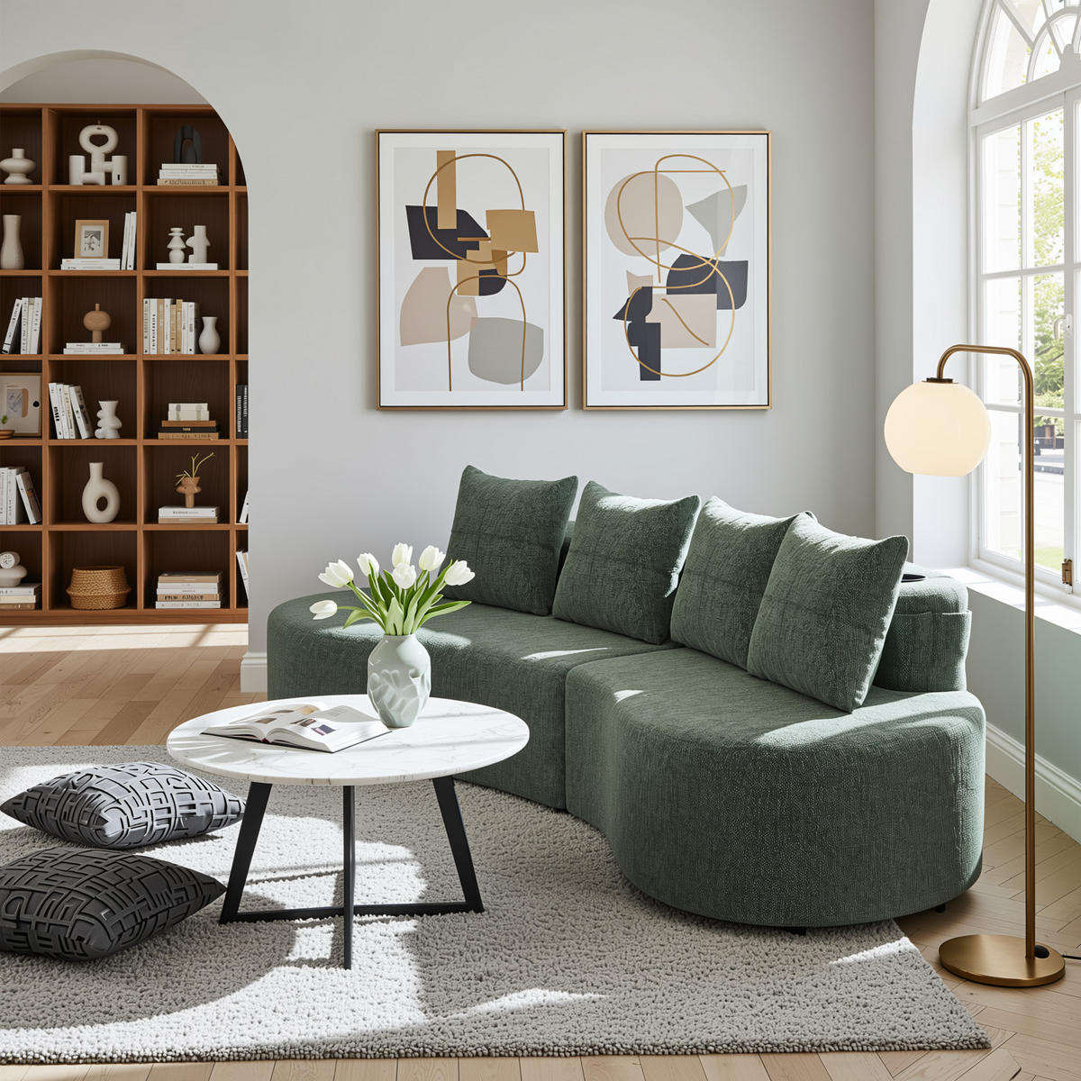 3-SITZER SOFA leinenstoff farbwahl mit getränkehalter & seitentaschen - Grün, Textil (240/63/109cm) - Urban Meuble