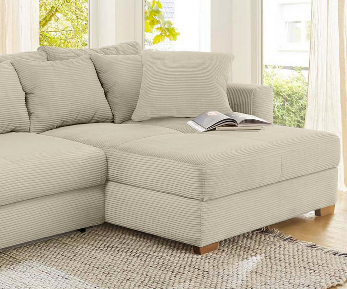 ECKSOFA-DAUERSCHLÄFER Federkern Bettkasten, seitenverkehrt montierbar B288/T186/H86 cm, Liegefl. 153x245 cm, Cord Beige Grau / 15154 - Greige/Eichefarben, Holz/Textil (288/186cm) - luma-home