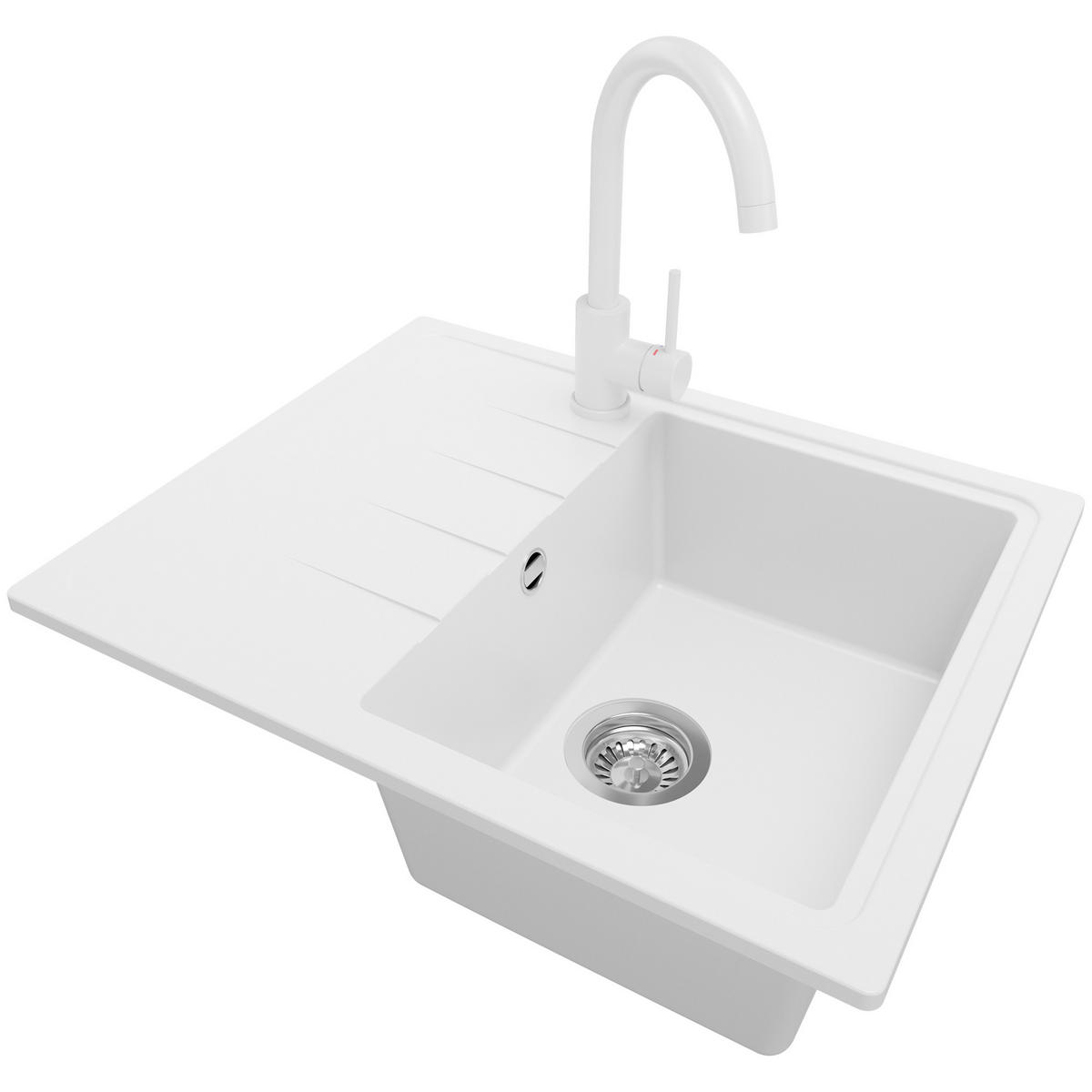 GRANITSPÜLE Mailand, 2-er set Weiß 62/50 cm 1 Becken + Küchenarmatur 32/20 cm + Ablauf-Set ab 40er Unterschrank - Chromfarben/Weiß, Kunststoff (62/19/50cm) - Primagran