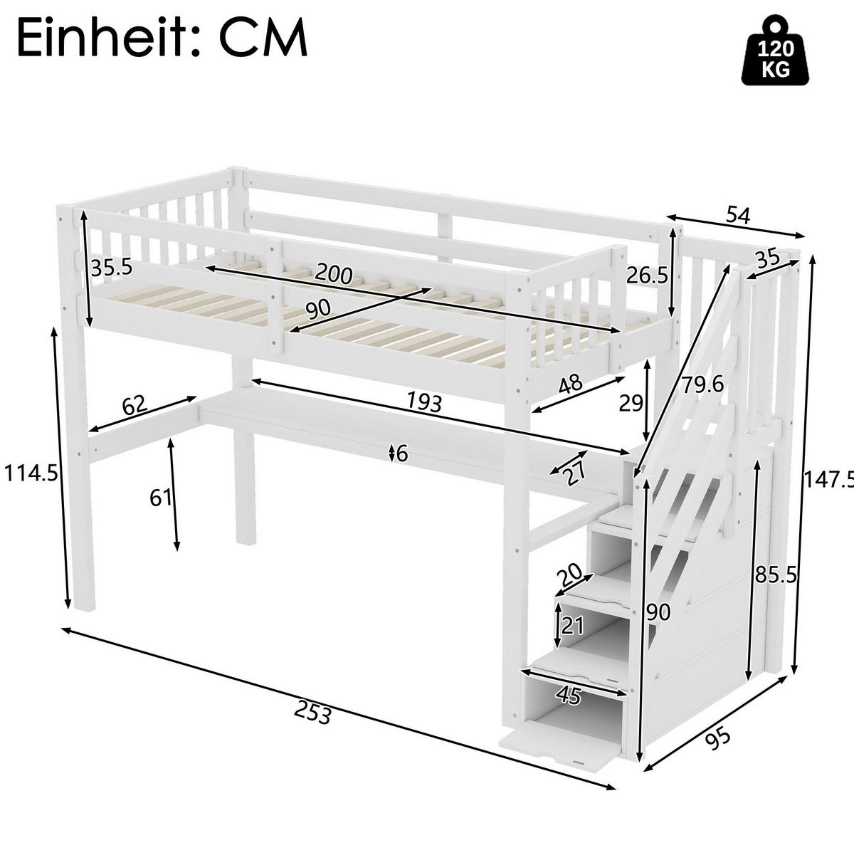 VISOKA postelja 90/200 cm bela s pisalno mizo in shranjevanjem iz bora in MDF - bela, les (90/200cm) - OKWISH
