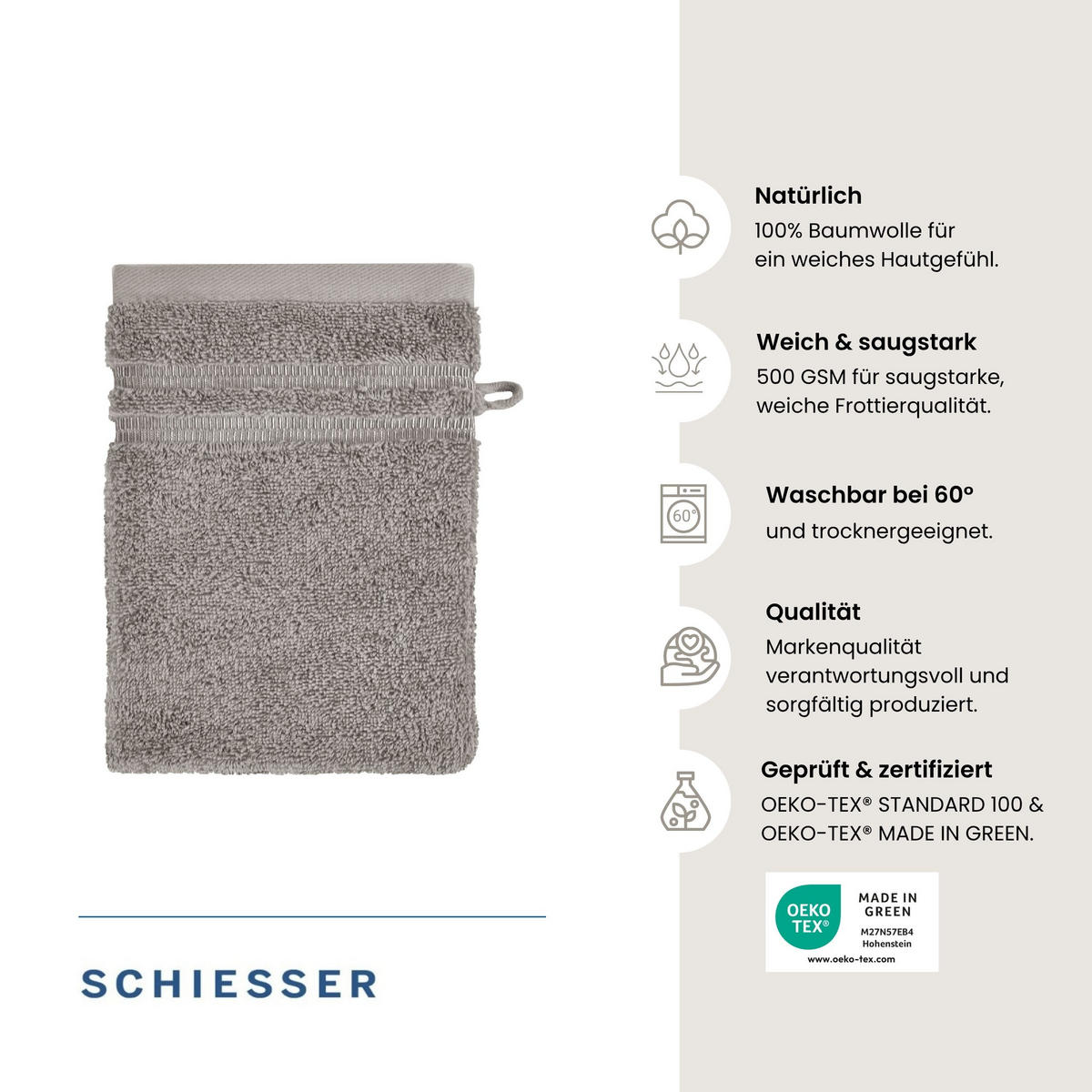 WASCHHANDSCHUHSET Milano - 5-teilig - 16x22 cm - Hellgrau - Hellgrau, Textil (16/22cm) - SCHIESSER
