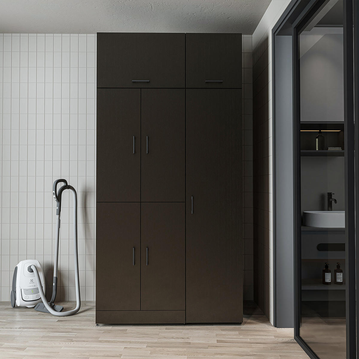 WASCHMASCHINENSCHRANK DORA-II 115cm Breit, 230cm Hoch - Schwarz, Holzwerkstoff (115/230/73.8cm)