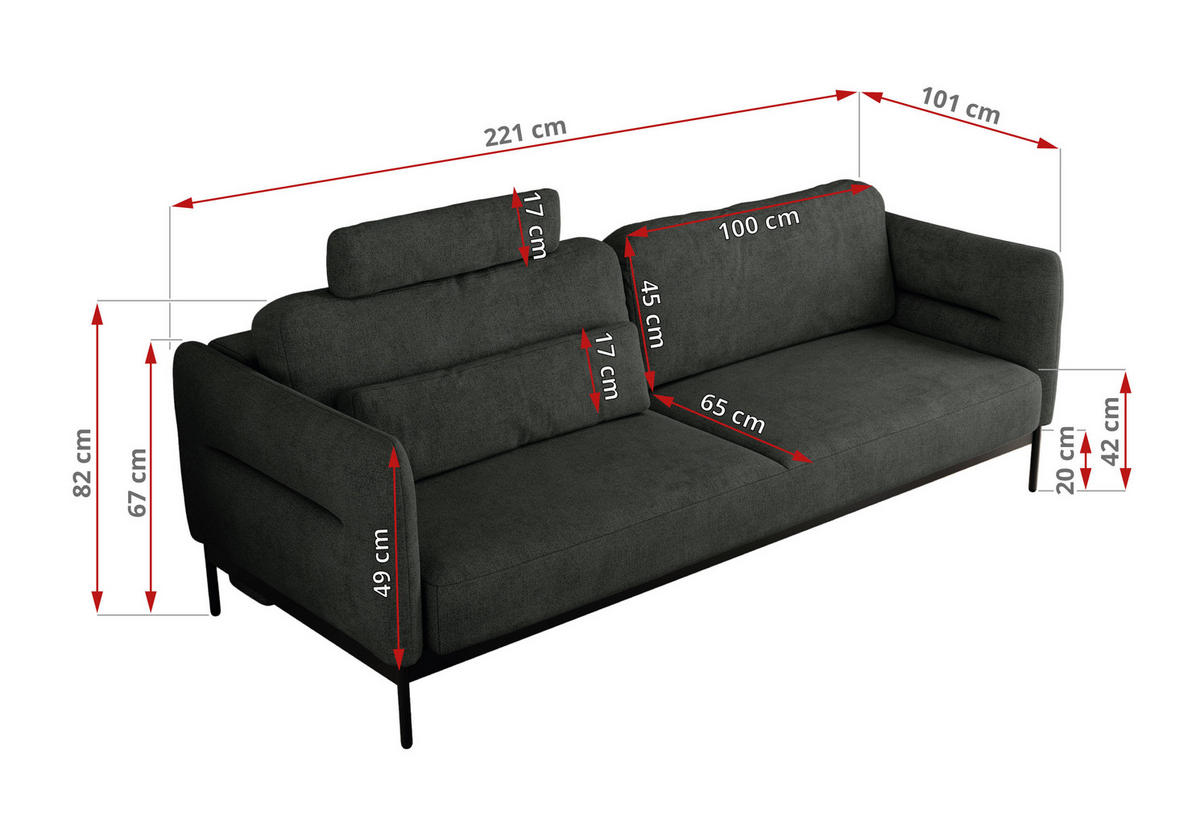 SOFA SALENTO Dunkelgrau Struktur - Dunkelgrau/Schwarz, Textil/Metall (221/82/101cm) - MKS