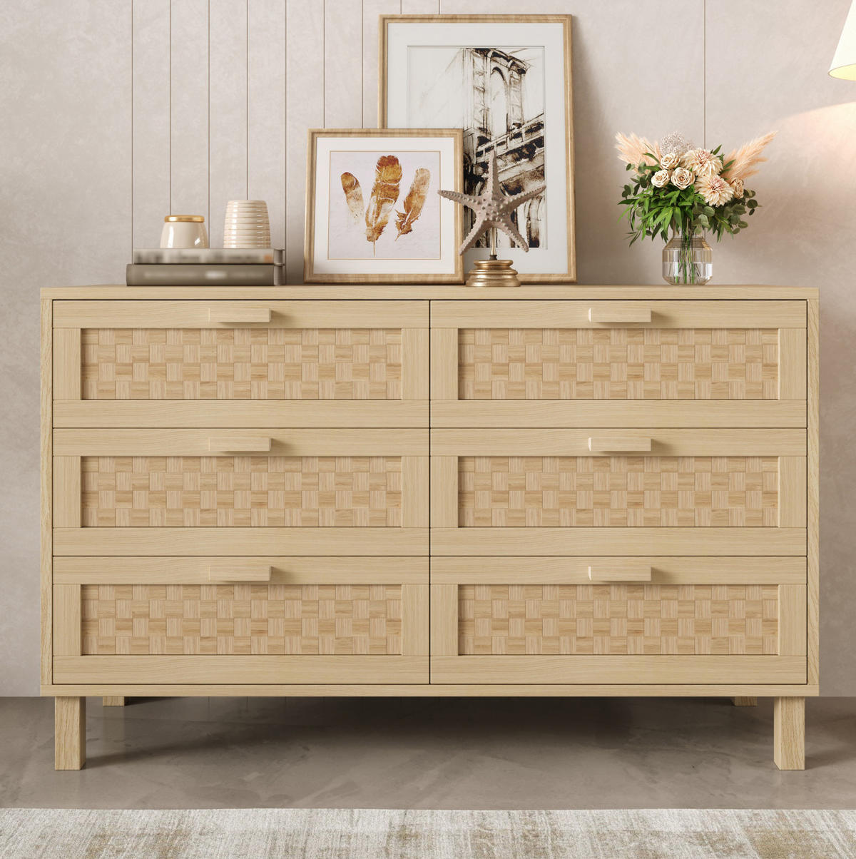 KOMMODE aus Spanplatte 120x75x40cm in Natur mit 6 Schubladen - Naturfarben, Holzwerkstoff (120/75/40cm) - Modfu