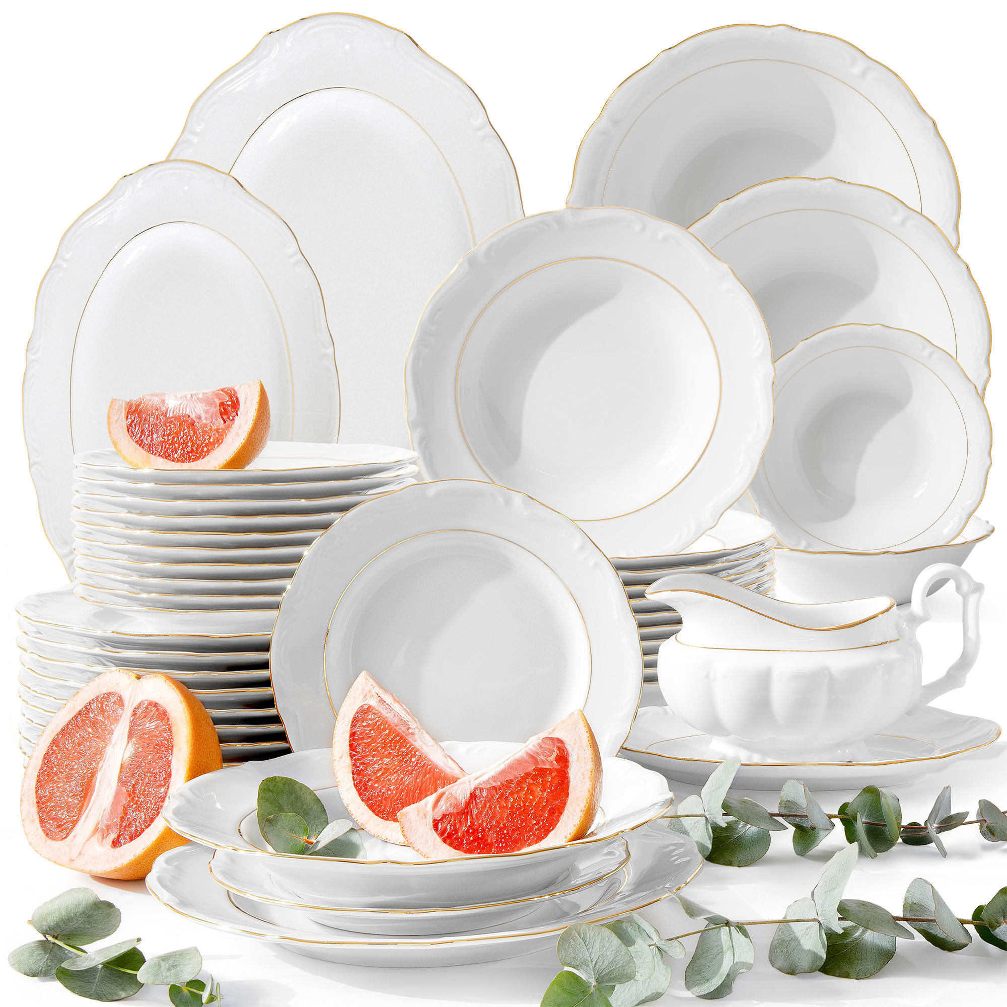 TAFELSERVICE Chodziez MARIA TERESA 44-tlg Porzellan mit Goldrand, Weiß / Gold - Goldfarben/Weiß, Keramik (25/2/25cm) - KONSIMO®