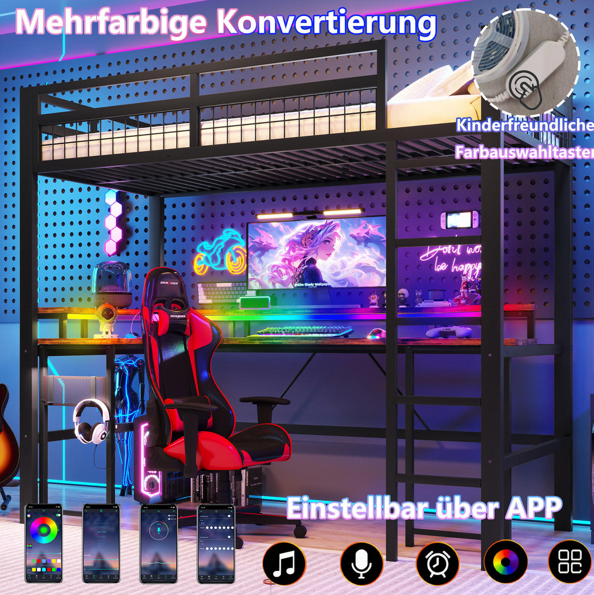 HOCHBETT mit Schreibtisch 90/200 cm in Schwarz – mit LED-Lichtleiste und Ladeanschlüssen - Schwarz, Metall (90/200cm) - BEAOK