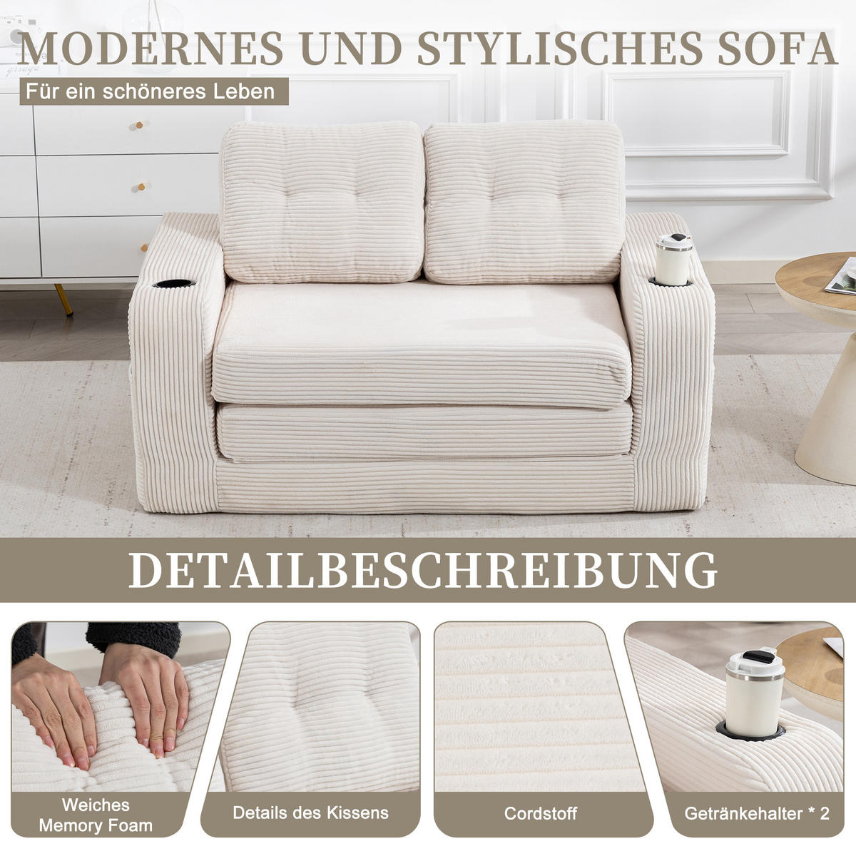 SCHLAFSOFA in Beige Cord mit Getränkehalter und Seitentaschen - Beige, Textil (136/82.5/80cm) - Oxeza