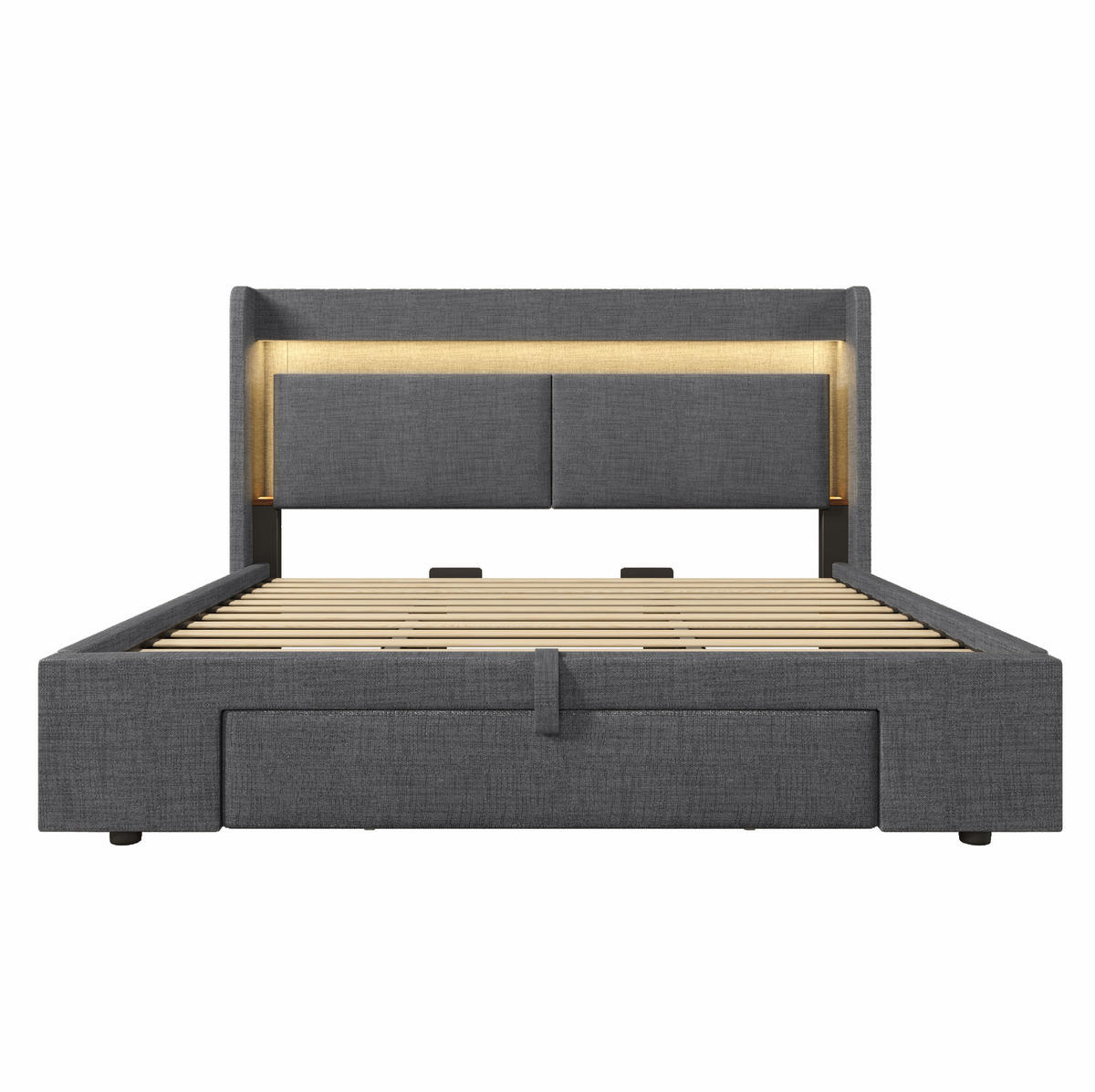 POLSTERBETT aus Leinen 180x200 cm Grau mit Bettkasten, LED-Beleuchtung, USB- und USB-C-Anschluss - Grau, Textil (180/200cm) - IVMEU
