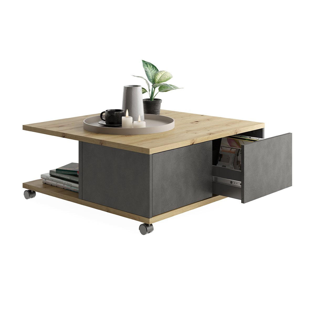 COUCHTISCH auf Rollen mit 2 Schubladen und 2 Nischen L70 cm - Twin - Eiche Artisan, Holzwerkstoff (70/70/36cm) - Calicosy