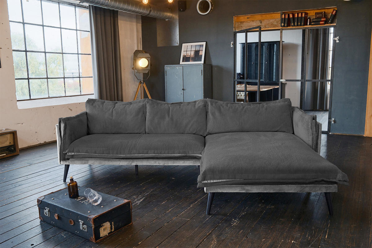 ECKSOFA QUENYA Grau Velvet - Schwarz/Grau, Textil (294/184cm) - KAWOLA