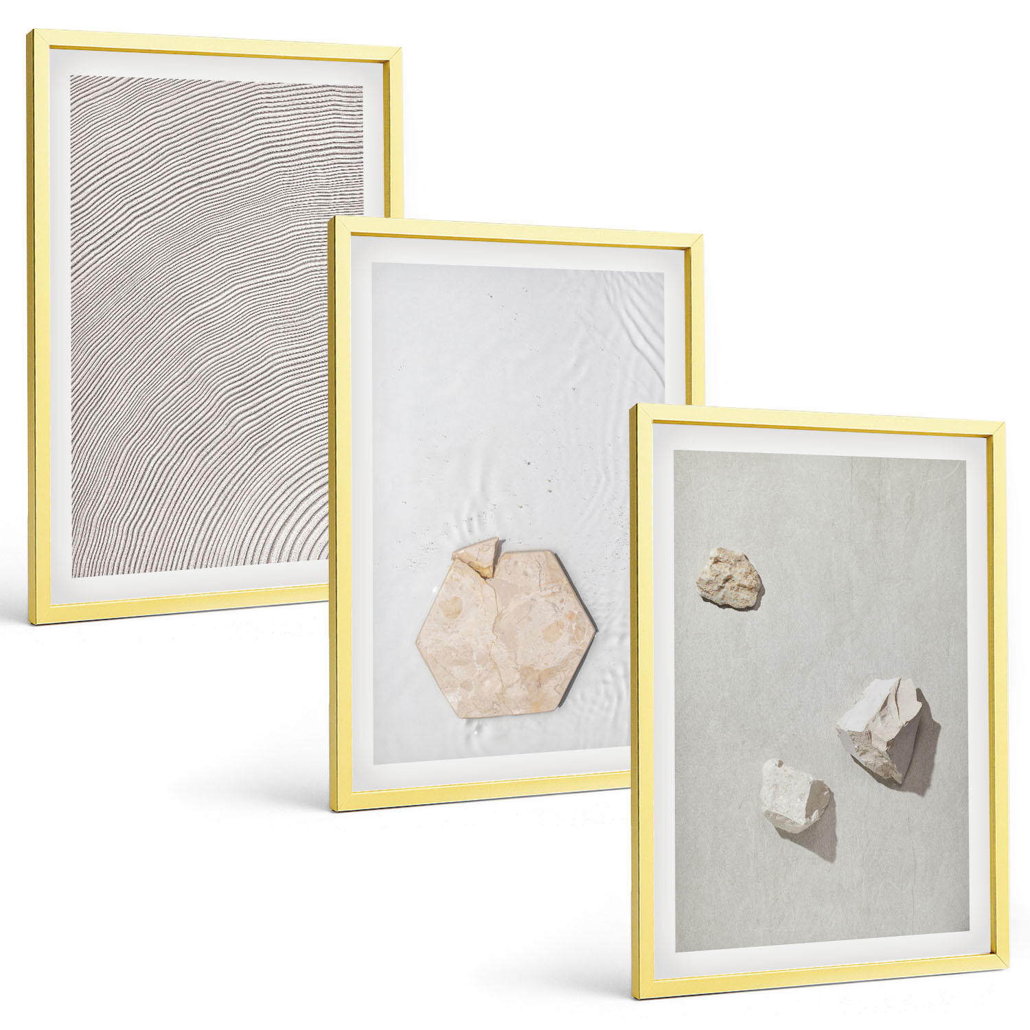BILDER SET 3er Set - 40x60 cm Goldrahmen - Leichte Boho-Sandtexturen - Goldfarben, Kunststoff (40/60cm) - TULUP