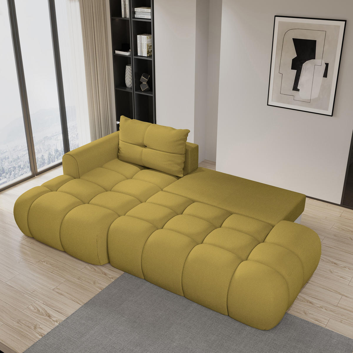 ECKSOFA FLUMA L-S Gelb Geflochtener Stoff mit Schlaffunktion - Gelb, Holz (274/165cm) - MASSENO