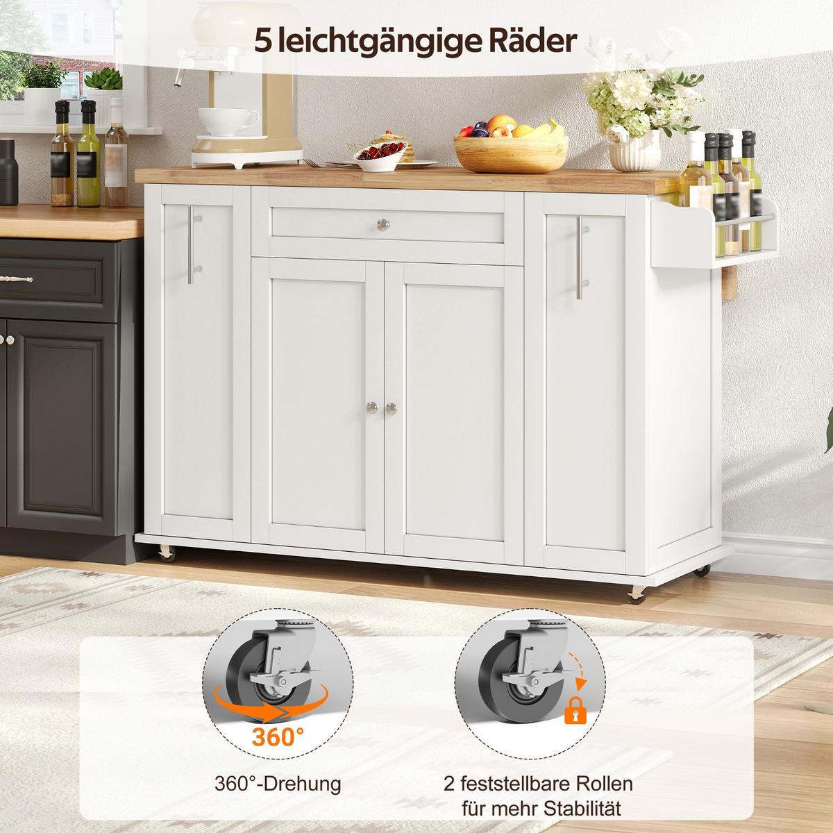 KÜCHENINSEL, Küchenwagen Mit Rollen, KLAPPBARE ARBEITSPLATTE, MDF, Für Küche, 120/70/87 cm - Weiß, Holzwerkstoff (70/87/120cm) - Rolipo