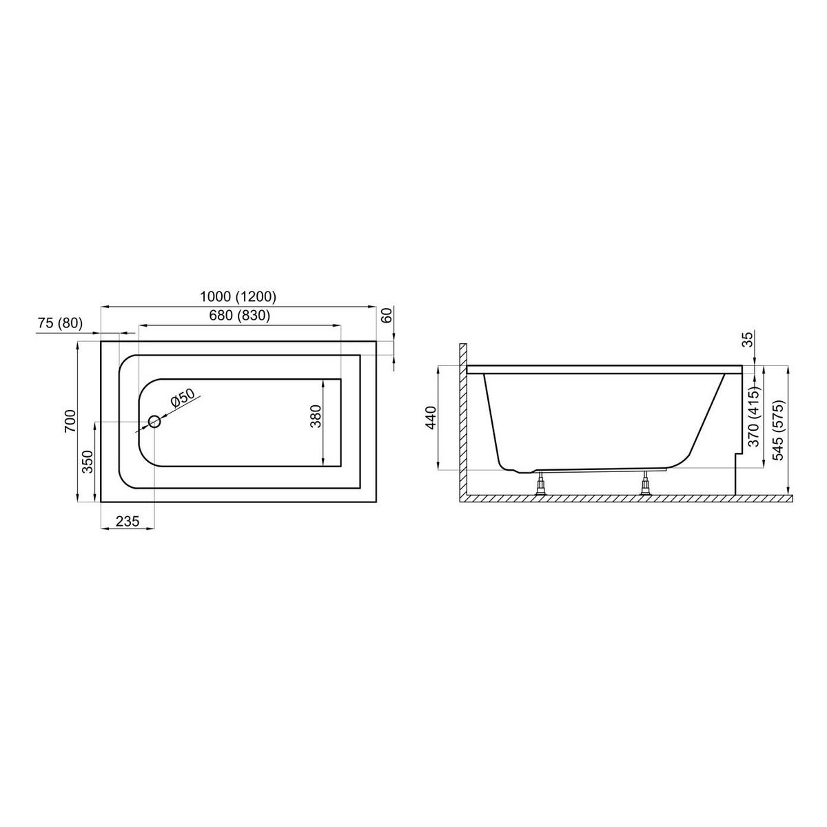 BADEWANNE Rechteck CAPRI 120/70 Ablauf & Füße - Weiß, Kunststoff (70/57.5/120cm) - bad land