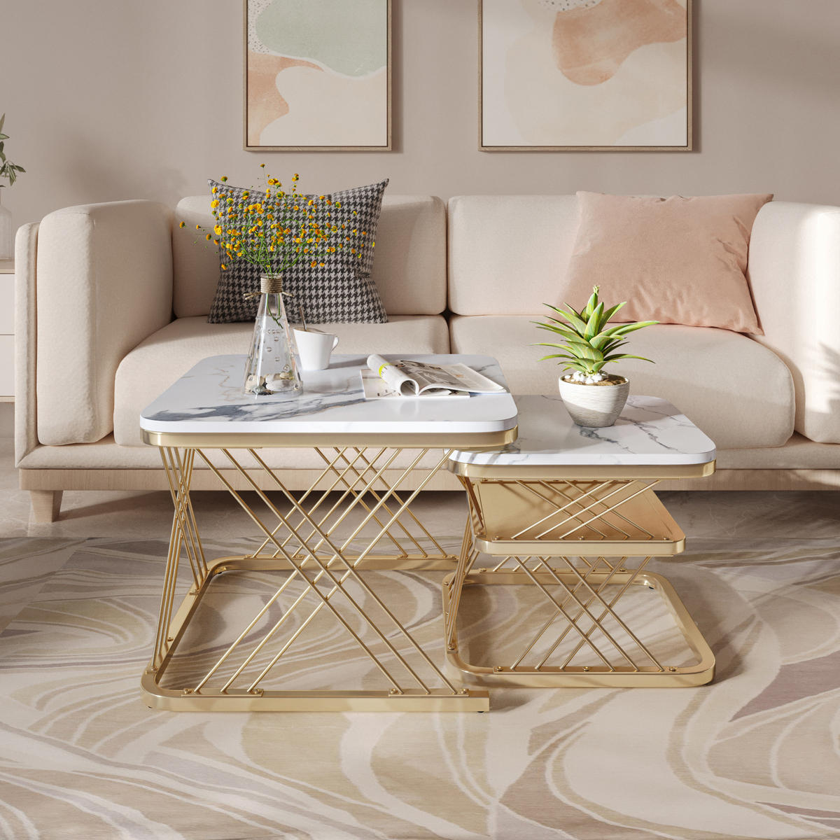 COUCHTISCH 2er Set Beistelltisch Eckig, Gold - Goldfarben, Metall (60/60/45cm)