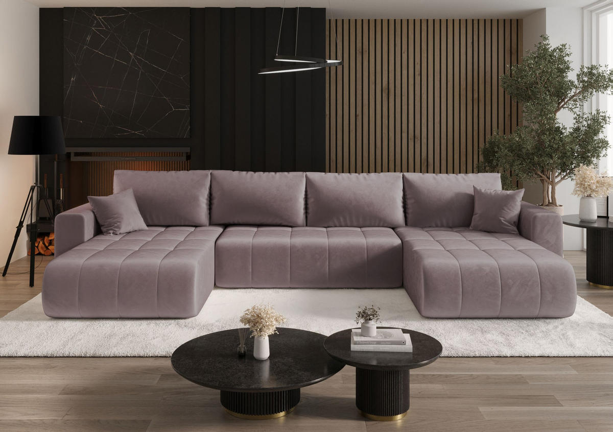WOHNLANDSCHAFT LARA U-Form dunkelrosa Velours Monolith 62 - Schlaffunktion, Bettkasten - Pink, Textil (385/85/175cm) - Cornero