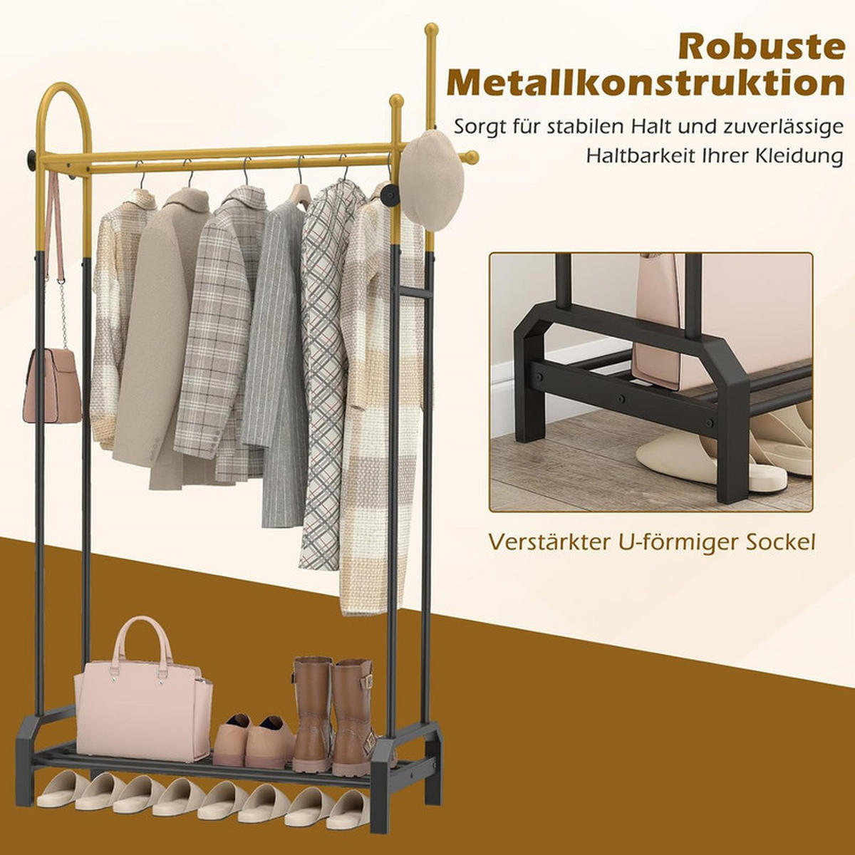 GARDEROBENSTÄNDER mit 5 Haken gold - Goldfarben, Metall (101/179/40cm) - COSTWAY