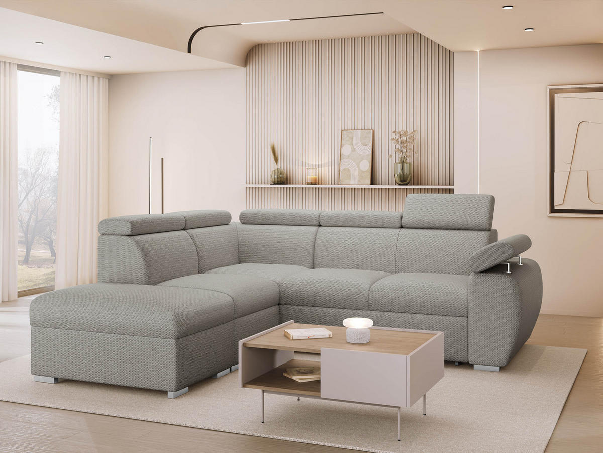 ECKSOFA Boston 2RR1P, Seite: Links PUFAP+R+1P(65)+2R - Silberfarben, Holz/Textil (260/230cm) - MIRJAN24