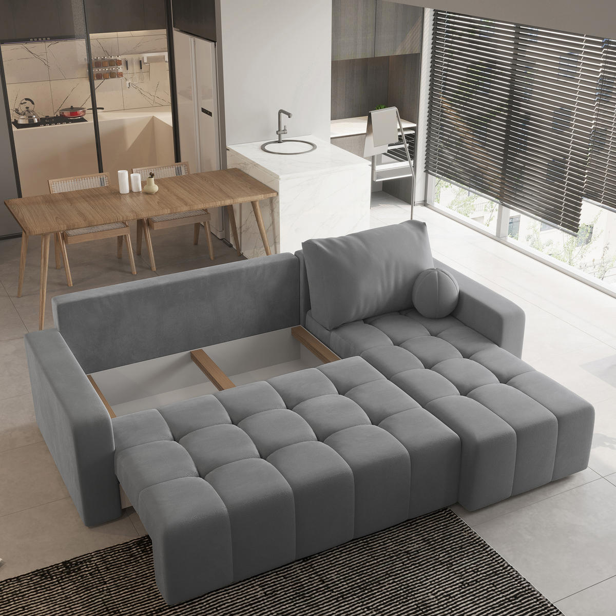 ECKSOFA VOLIRA Grau Plüsch-Stoff mit Schlaffunktion - Grau, Holz (230/143cm) - MASSENO