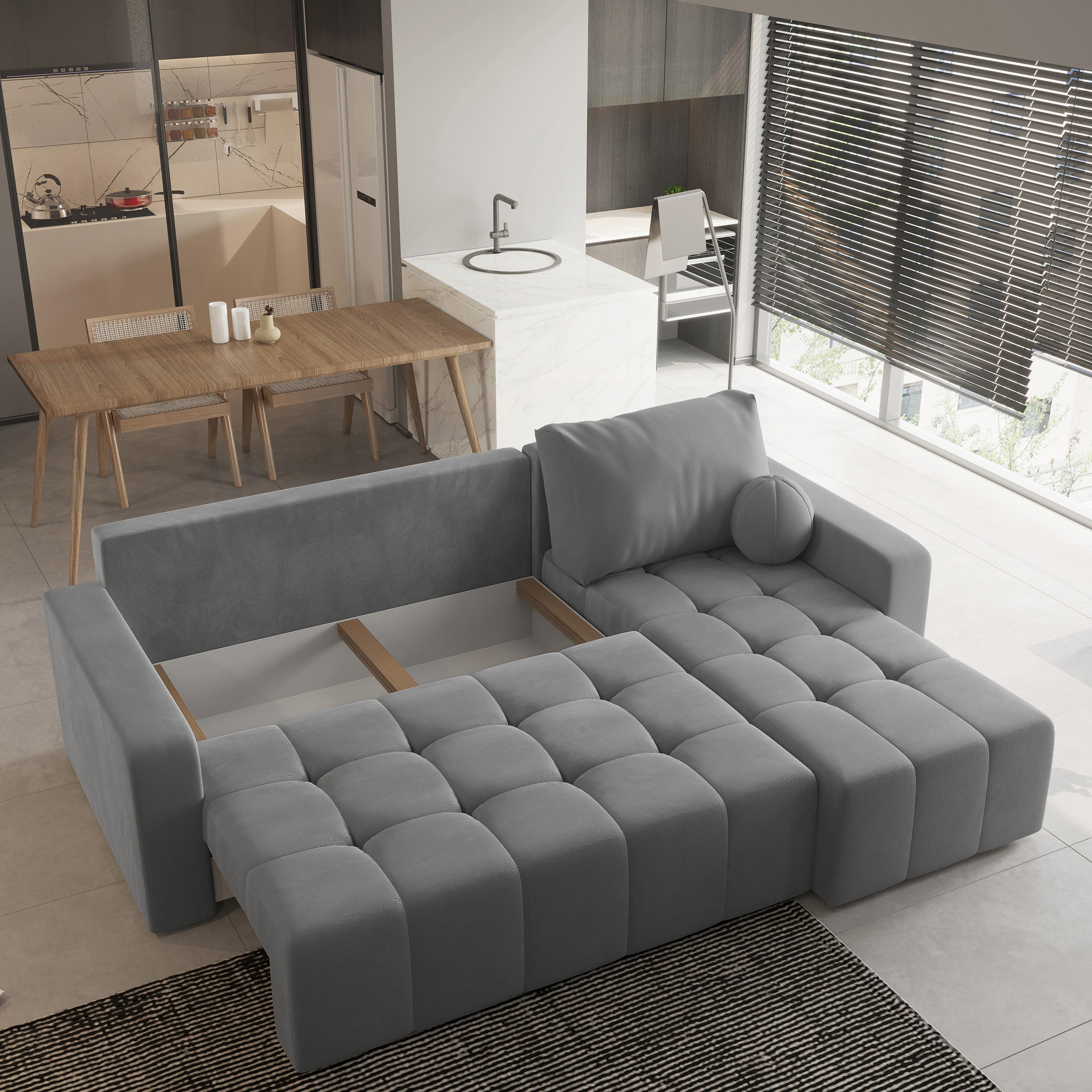 Thumbnail - Masseno Ecksofa, Grau, Holz, 3-Sitzer, L-Form,L-Form, 230x143 cm, Wohnzimmer, Sofas & Couches, Wohnlandschaften, Ecksofa...